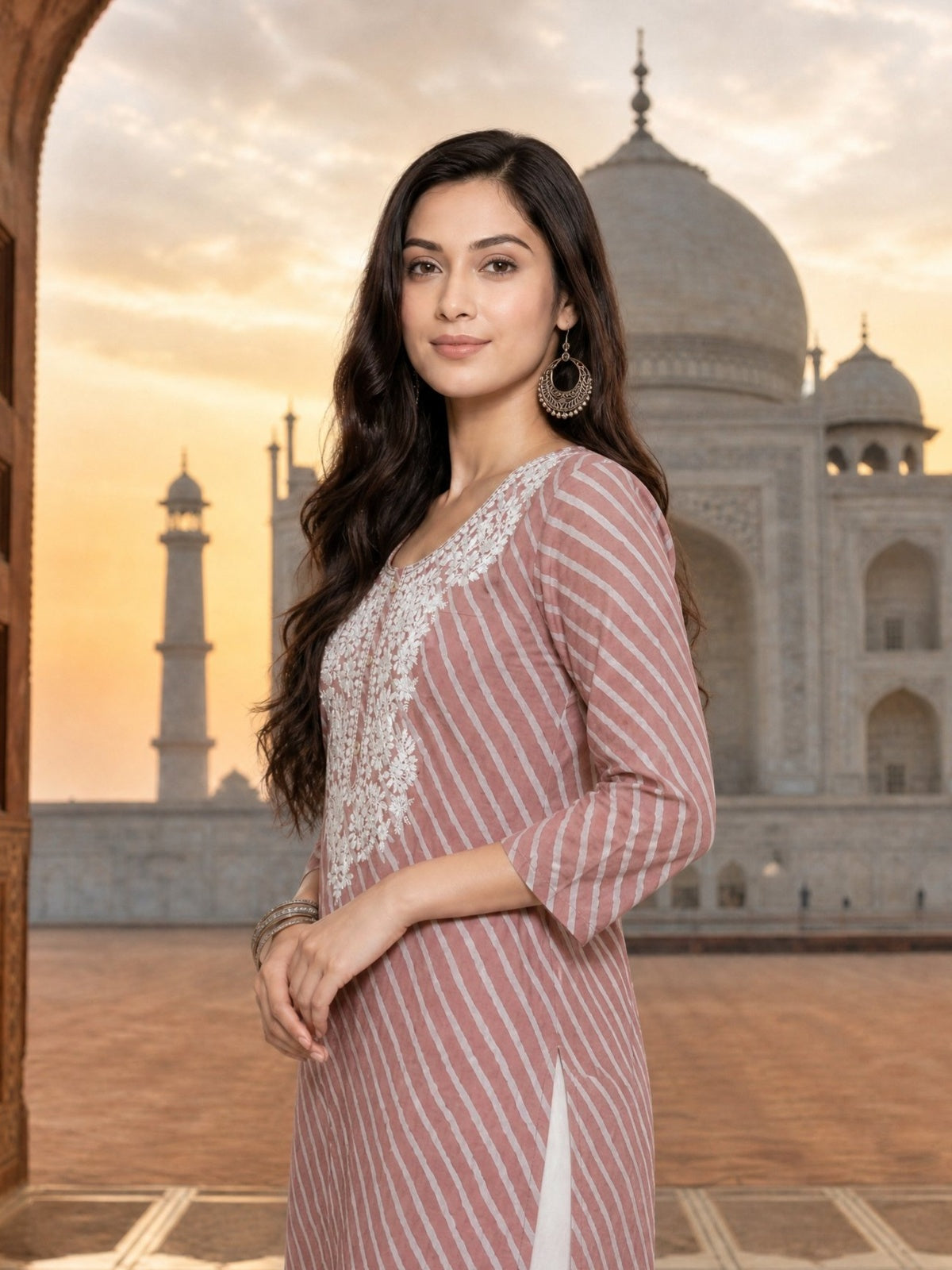 Buy Cotton Embroidered Straight Calf Length Kurta-Dusty Pink