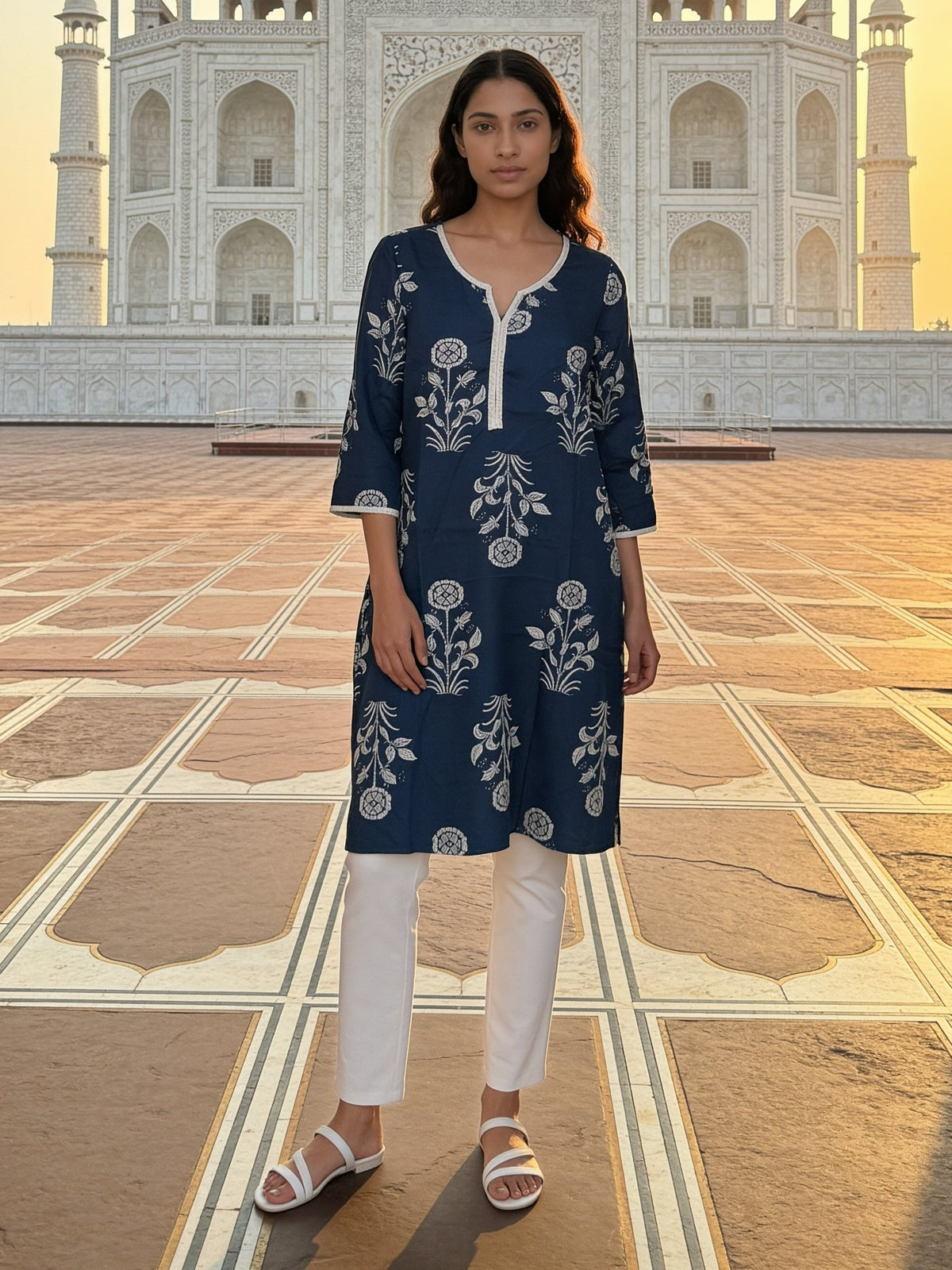 Buy Rayon Printed Straight Knee Length Kurta-Blue