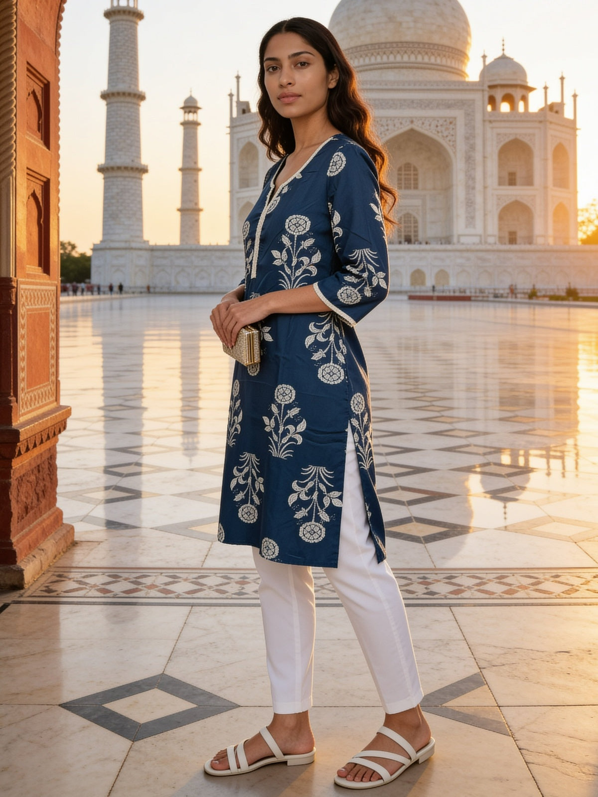 Buy Rayon Printed Straight Knee Length Kurta-Blue