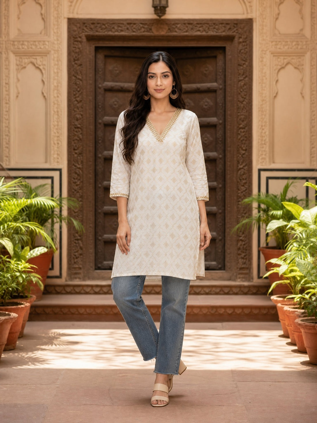 Buy Rayon Embroidered Straight Knee Length Kurta-Off White