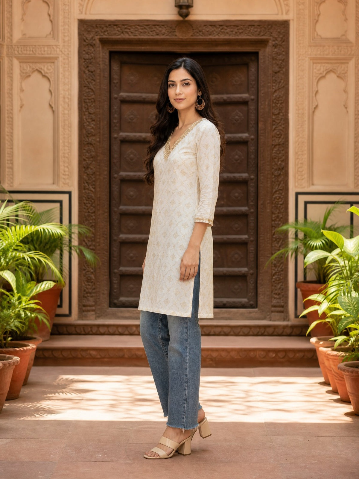 Buy Rayon Embroidered Straight Calf Length Kurta-Off White