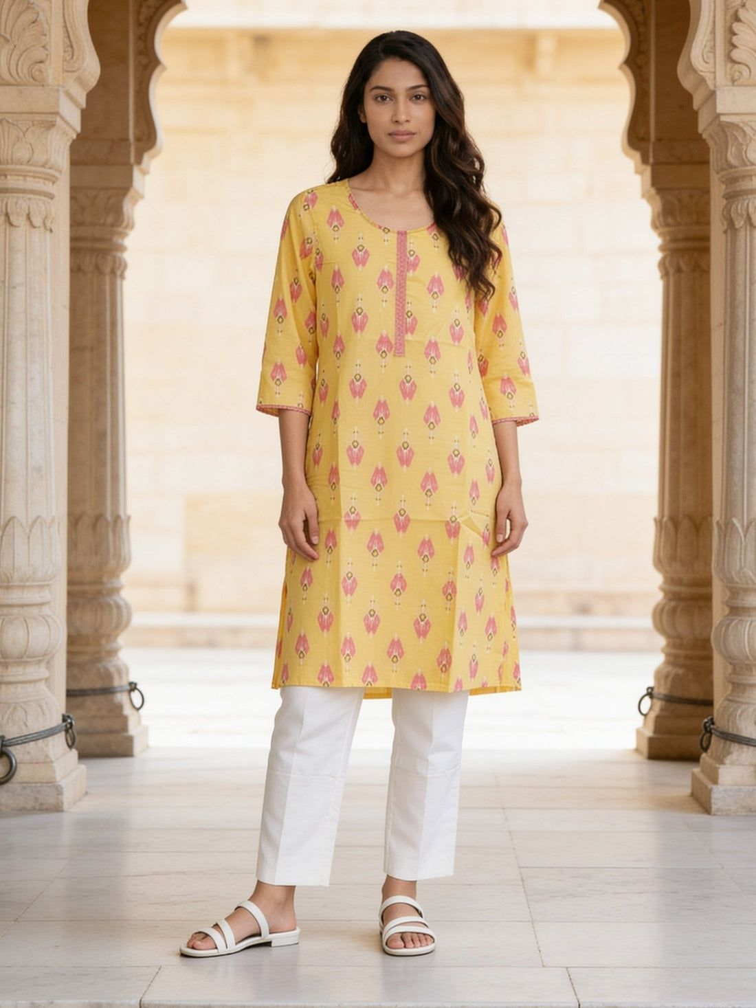 Buy Cotton Printed Straight Knee Length Kurta-Yellow