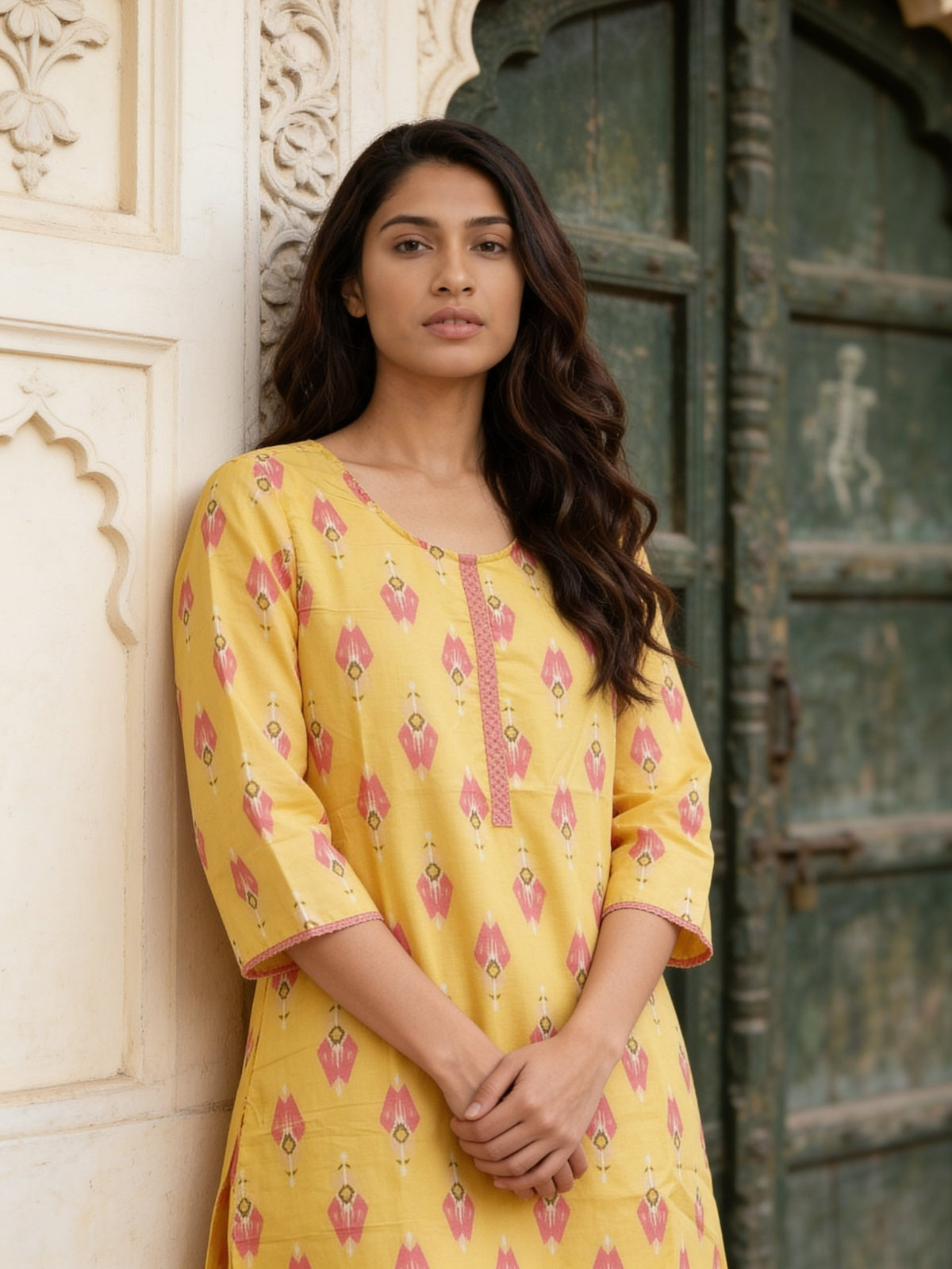 Buy Cotton Printed Straight Knee Length Kurta-Yellow