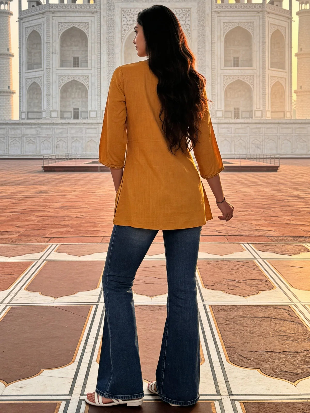 Buy Cotton Embroidered A-Line Short Length Short Kurta-Mustard