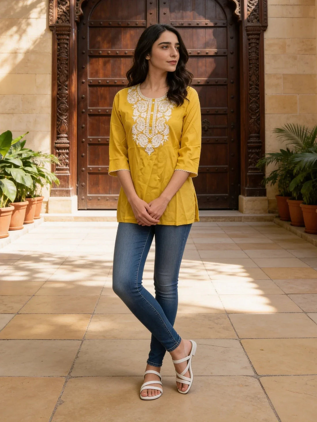 Buy Rayon Embroidered Straight Short Length Short Kurta-Yellow