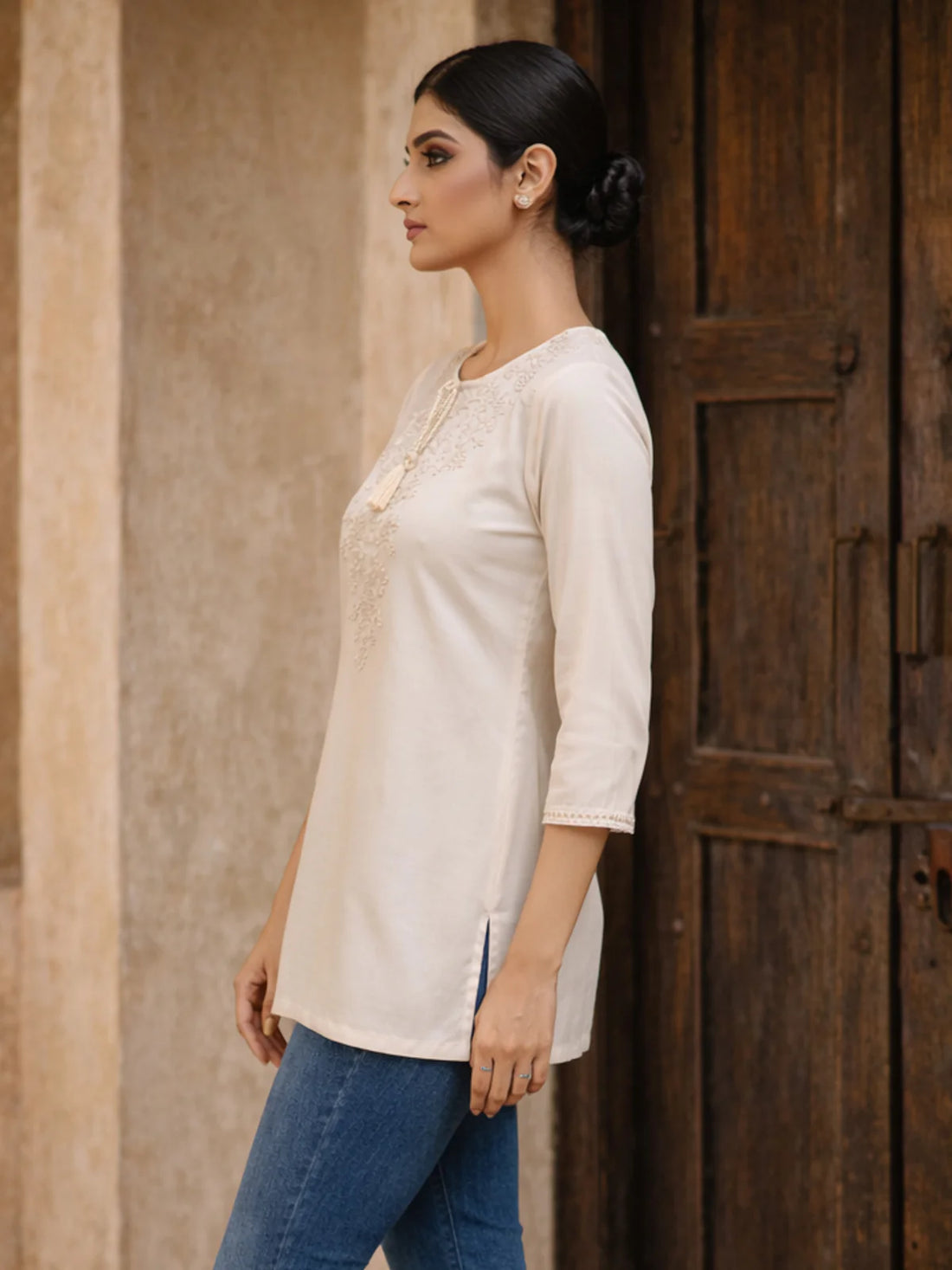 Buy Rayon Embroidered A-Line Short Length Short Kurta-Beige
