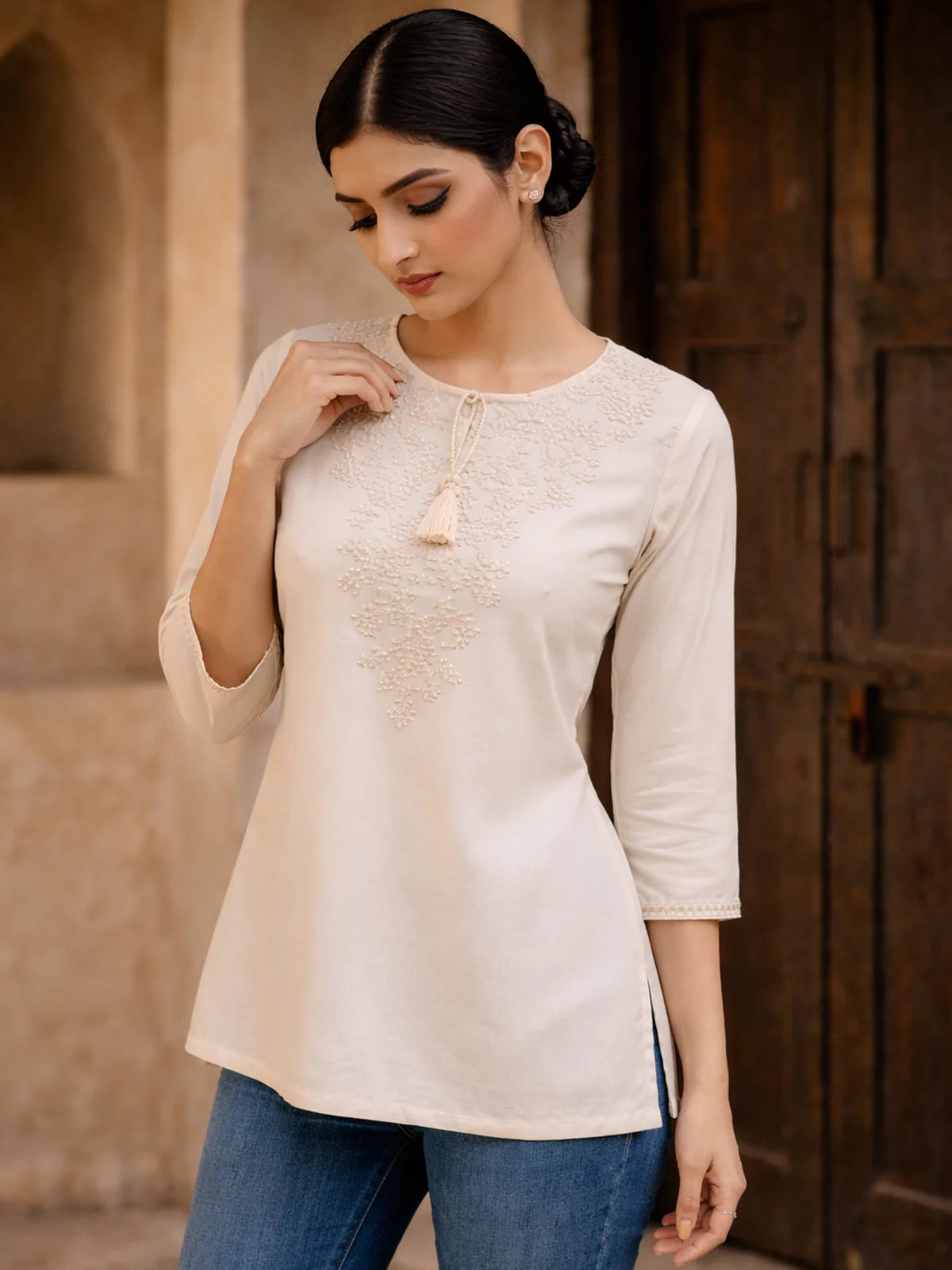 Buy Rayon Embroidered A-Line Short Length Short Kurta-Beige