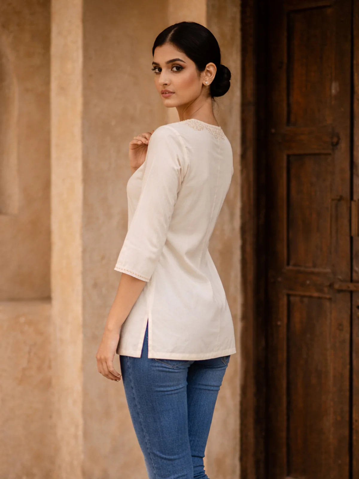 Buy Rayon Embroidered A-Line Short Length Short Kurta-Beige