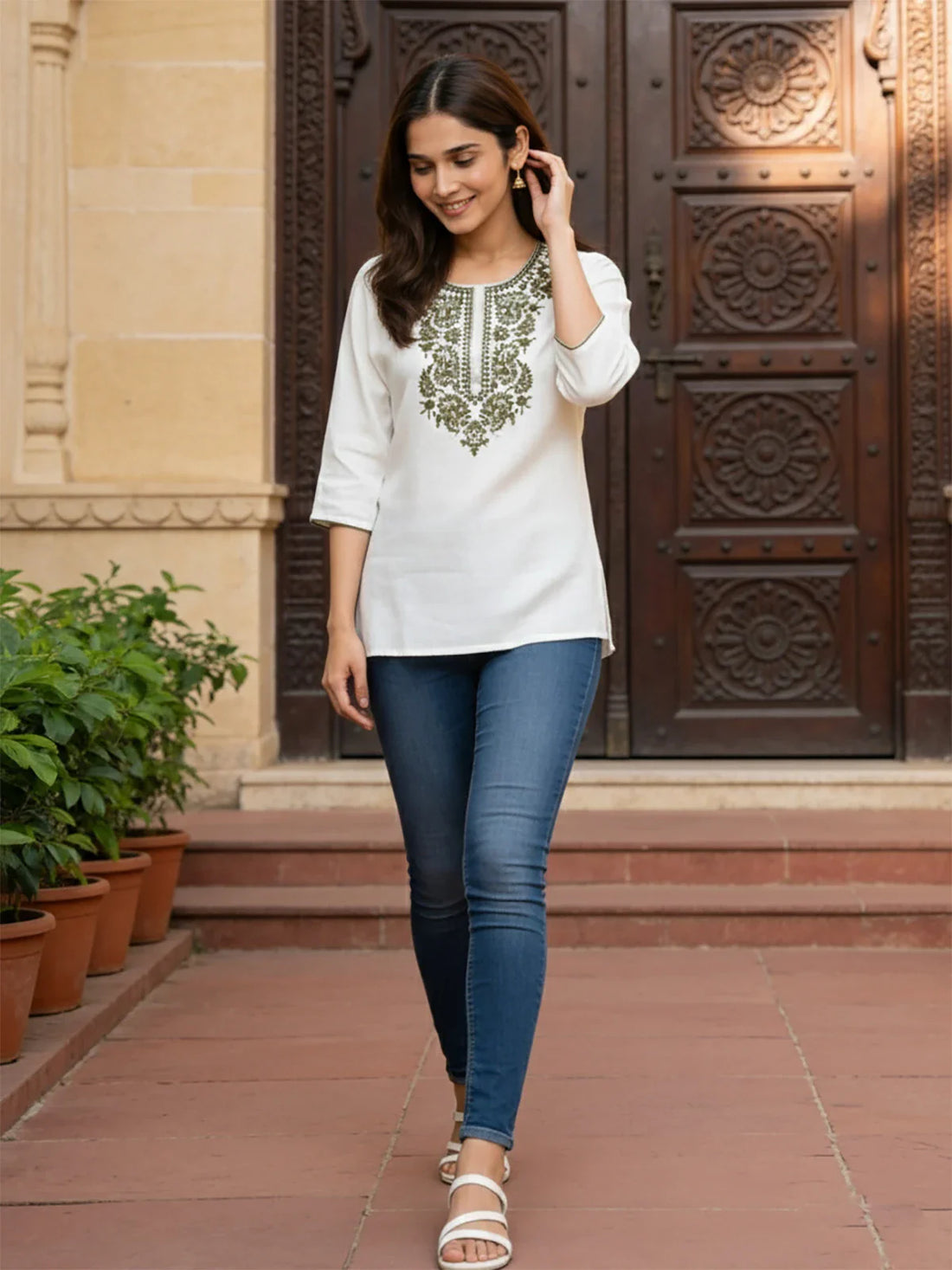 Buy Rayon Embroidered Straight Short Length Short Kurta-Off-White