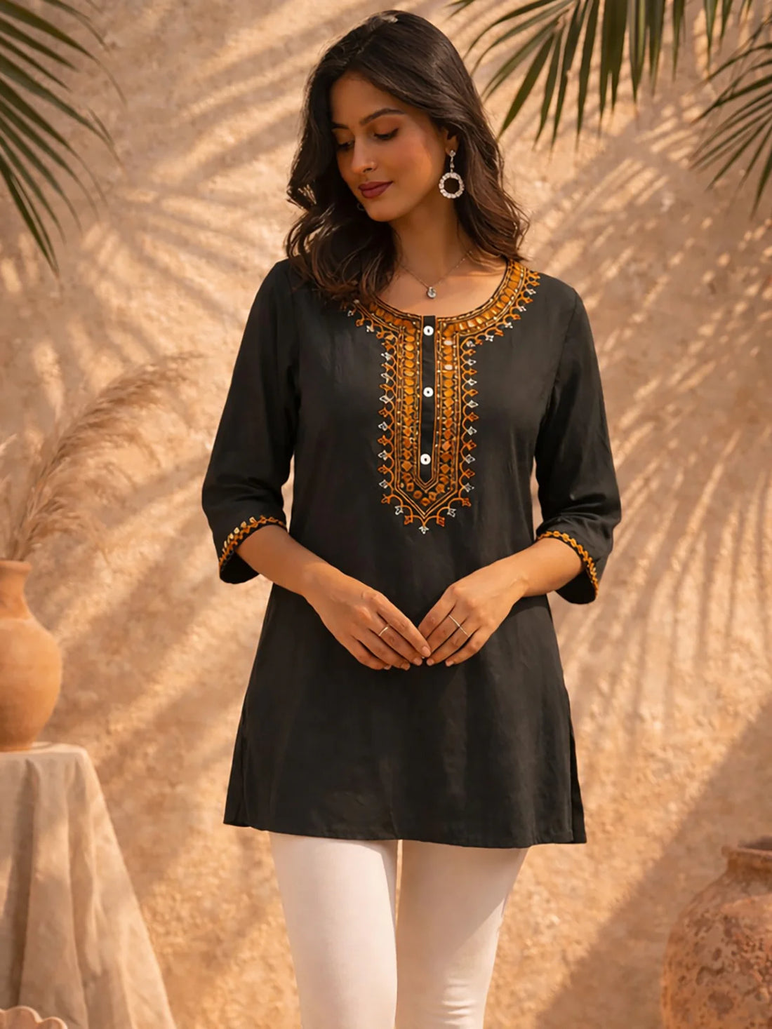 Buy Rayon Embroidered A-Line Short Length Short Kurta-Black