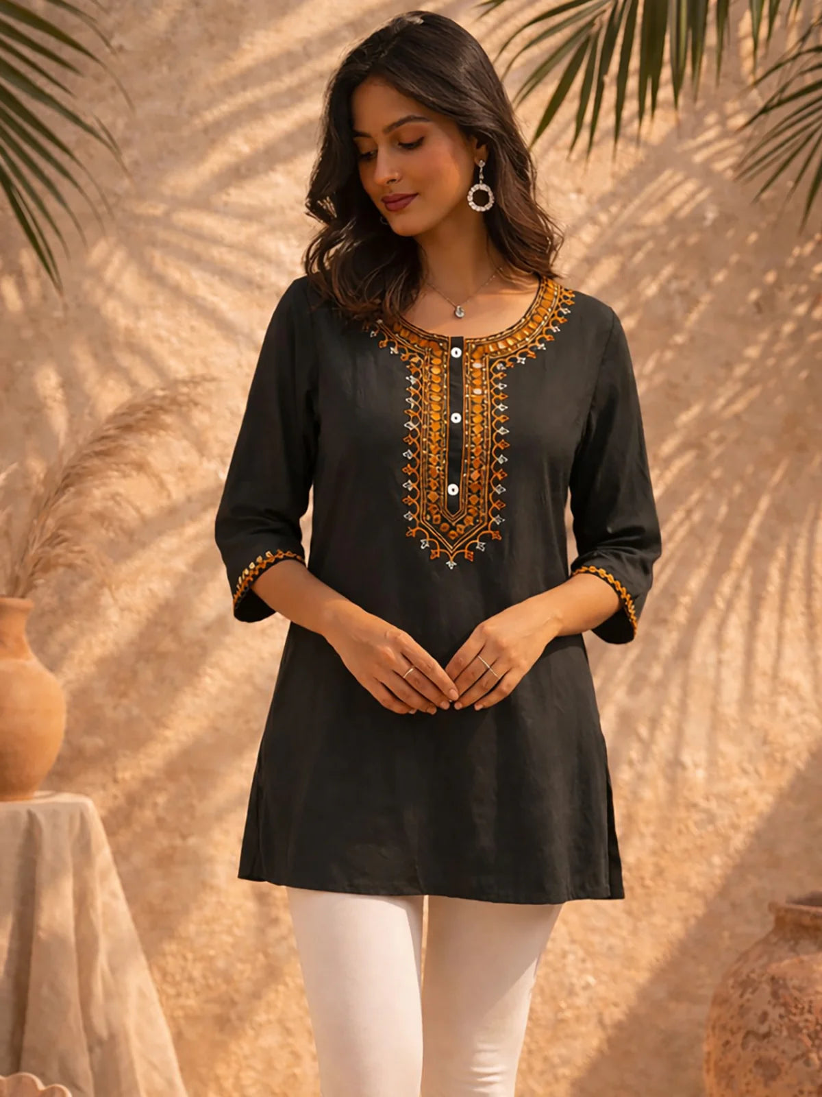 Buy Rayon Embroidered A-Line Short Length Short Kurta-Black