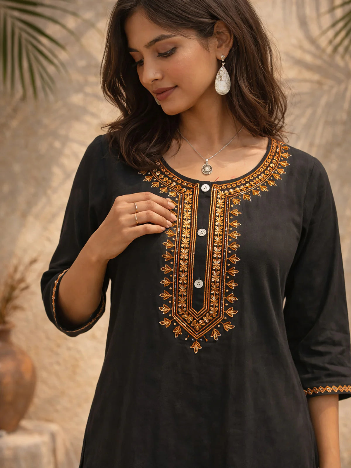 Buy Rayon Embroidered A-Line Short Length Short Kurta-Black