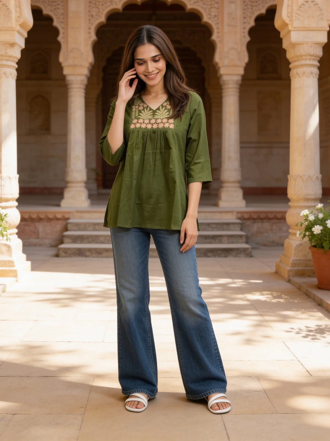 Buy Cotton Slub Embroidered Short Length Short Length Kurta-Green