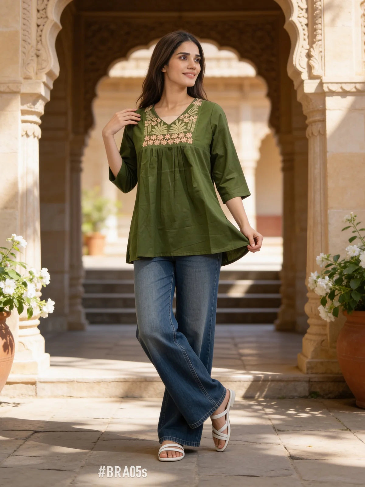 Buy Cotton Slub Embroidered Short Length Short Length Kurta-Green