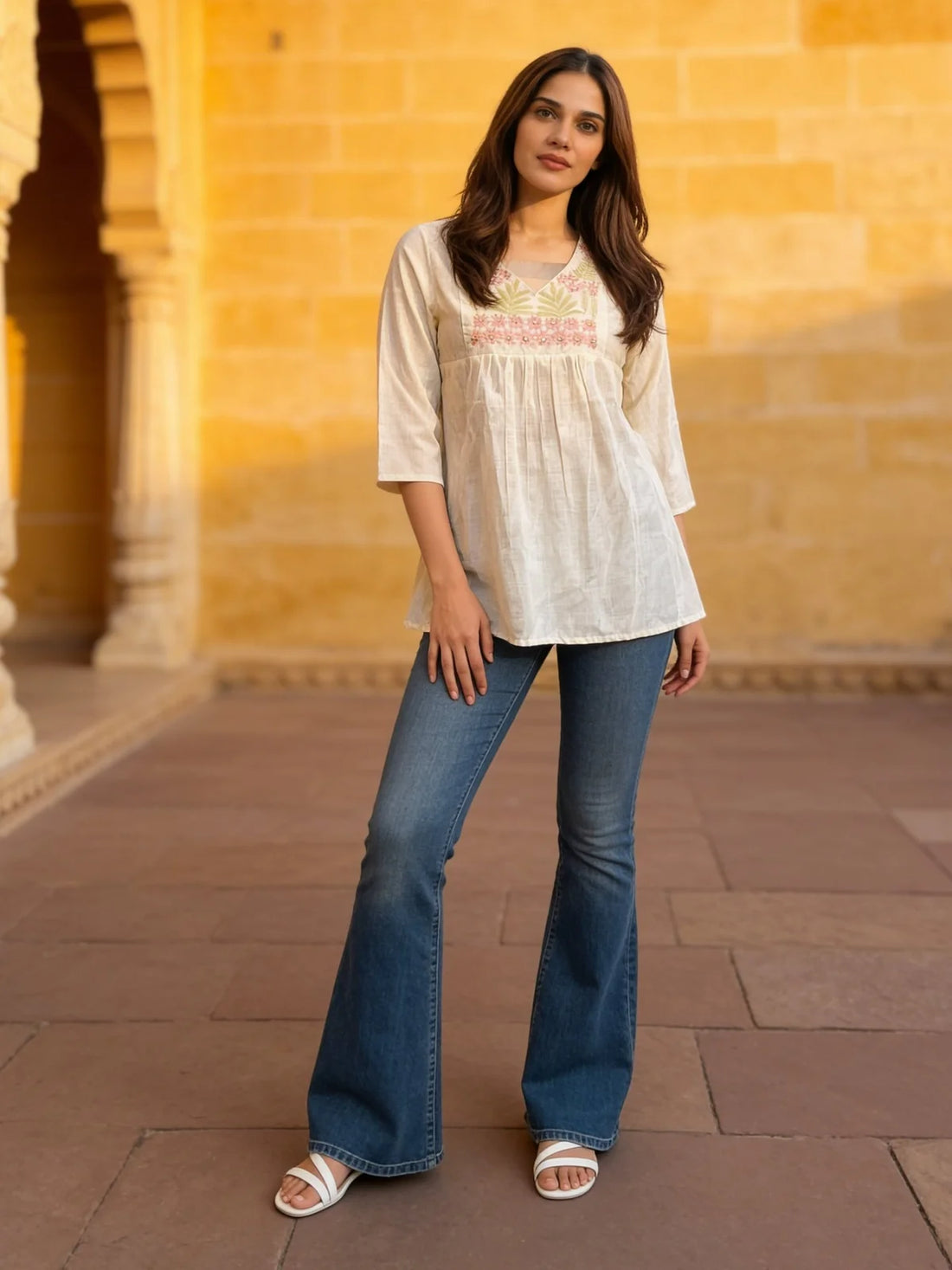 Buy Cotton Embroidered A-Line Knee Length Short Kurta-Off White