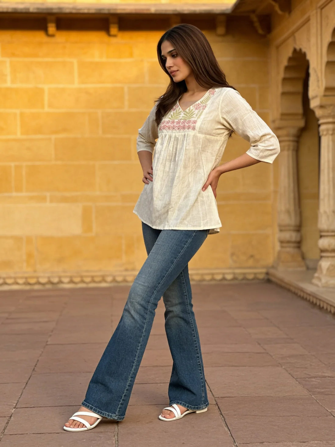 Buy Cotton Embroidered A-Line Knee Length Short Kurta-Off White