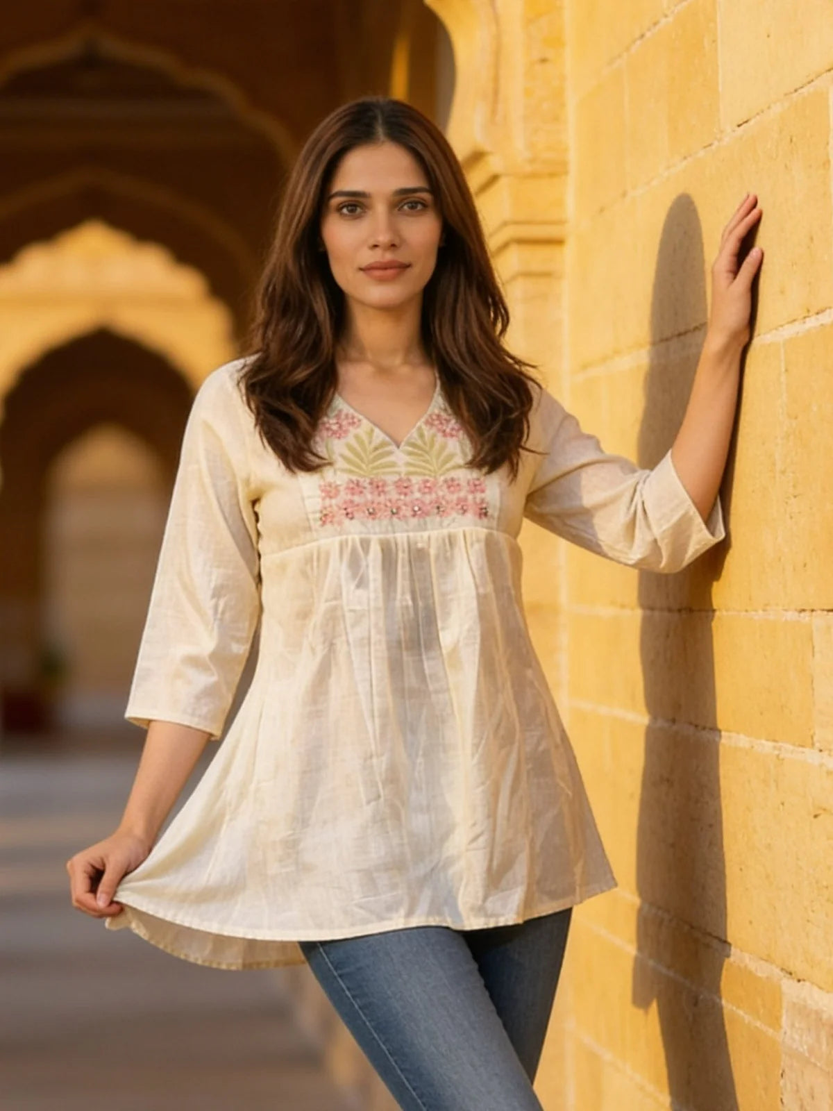 Buy Cotton Embroidered A-Line Knee Length Short Kurta-Off White