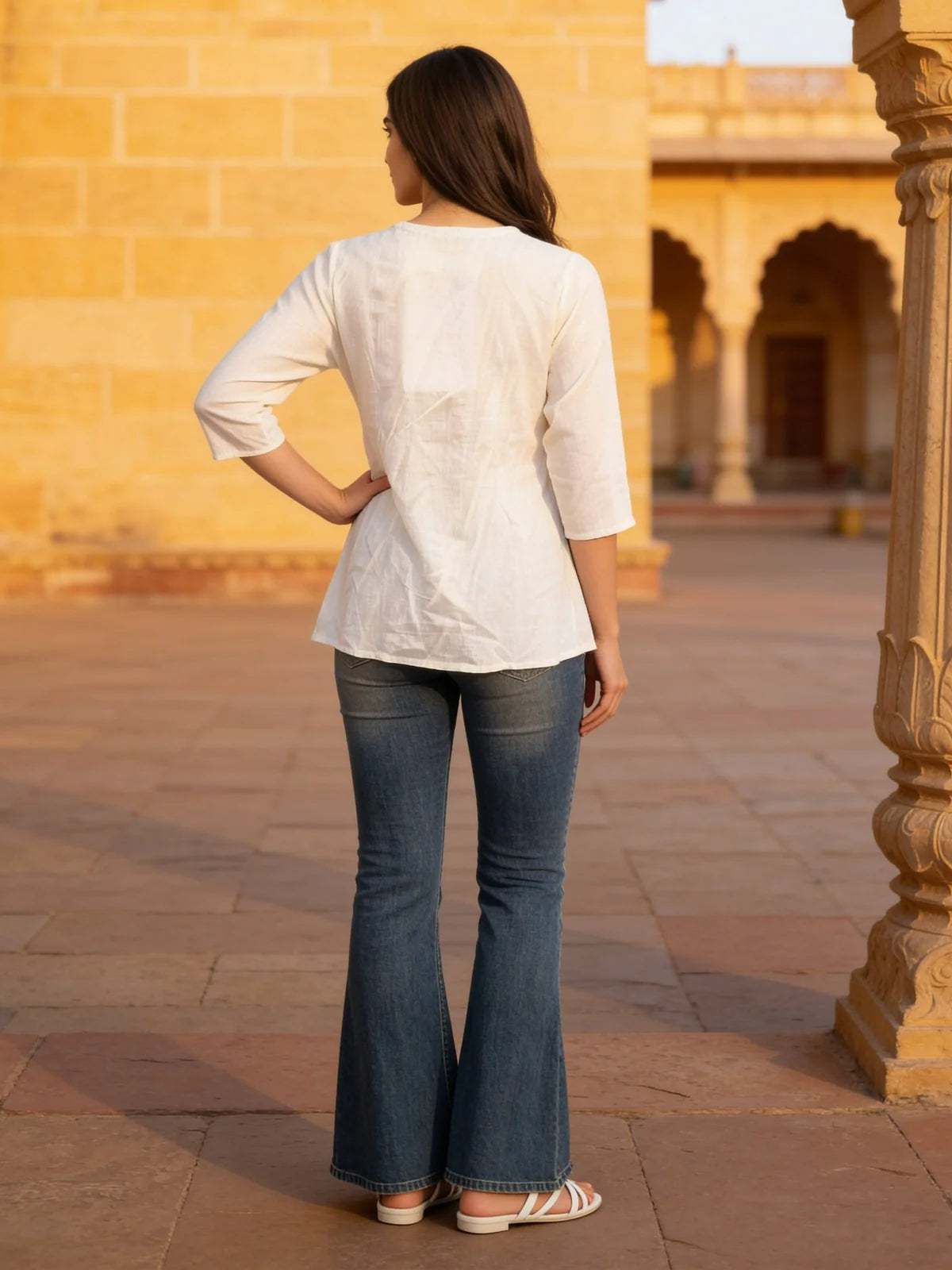 Buy Cotton Embroidered A-Line Knee Length Short Kurta-Off White