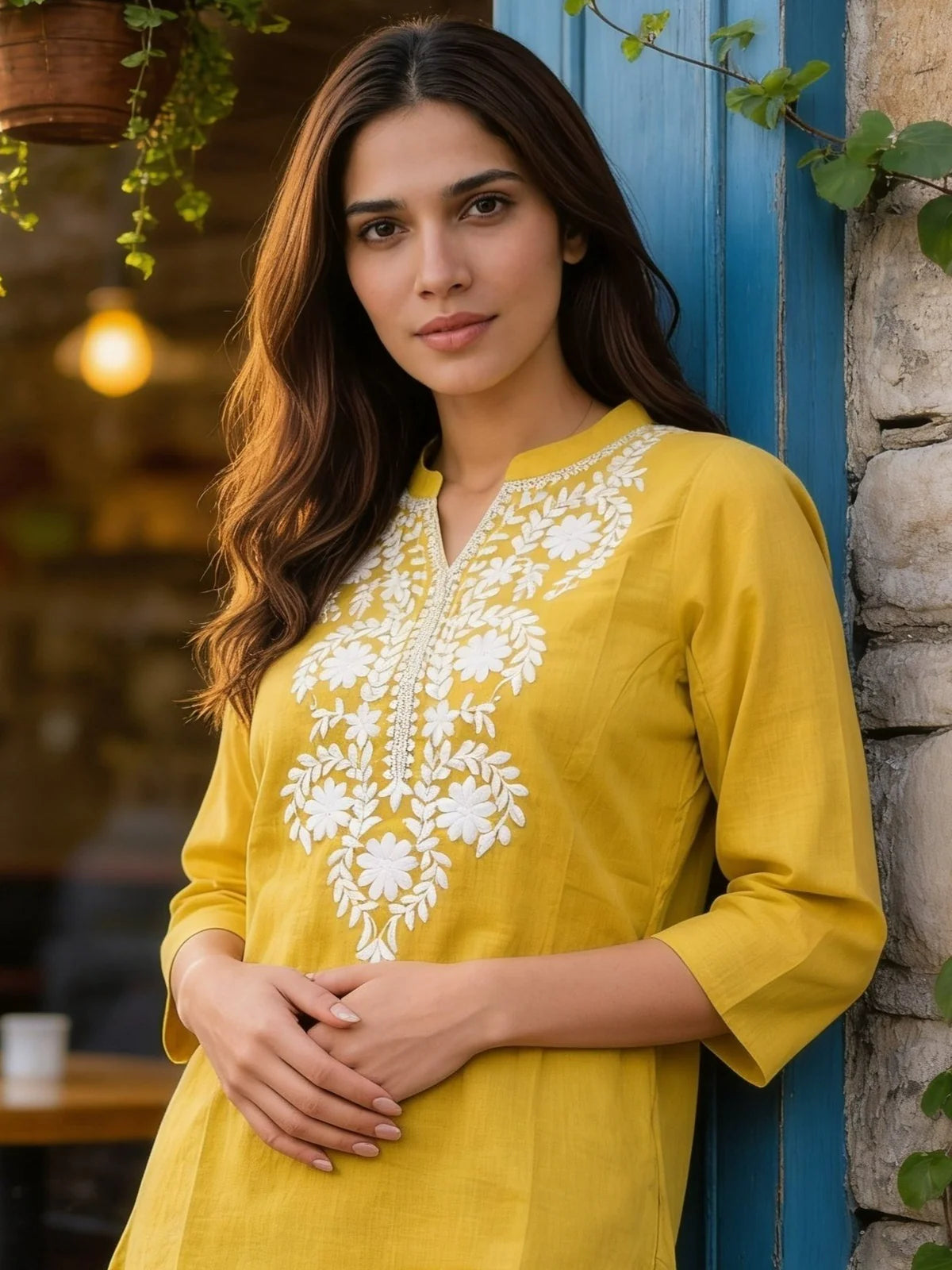 Buy Cotton Slub Embroidered A-line Short Length Short Kurta-Yellow