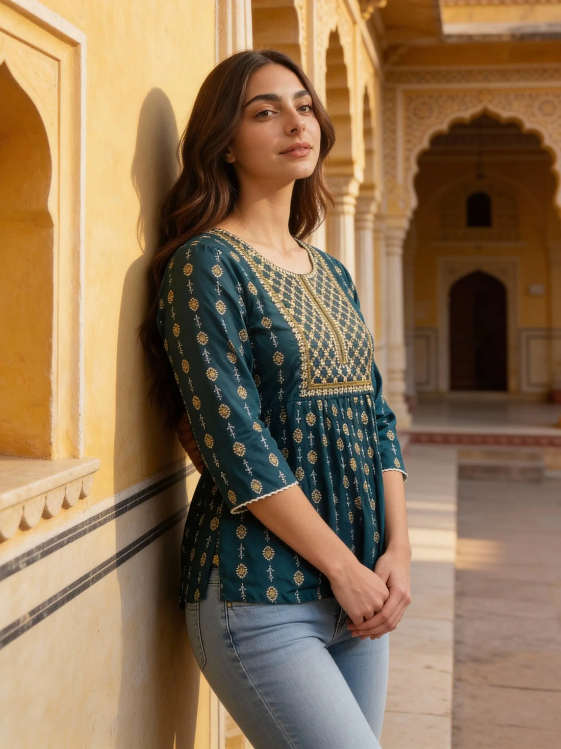 Buy Rayon Embroidered A-line Above Knee Short Kurta-Teal