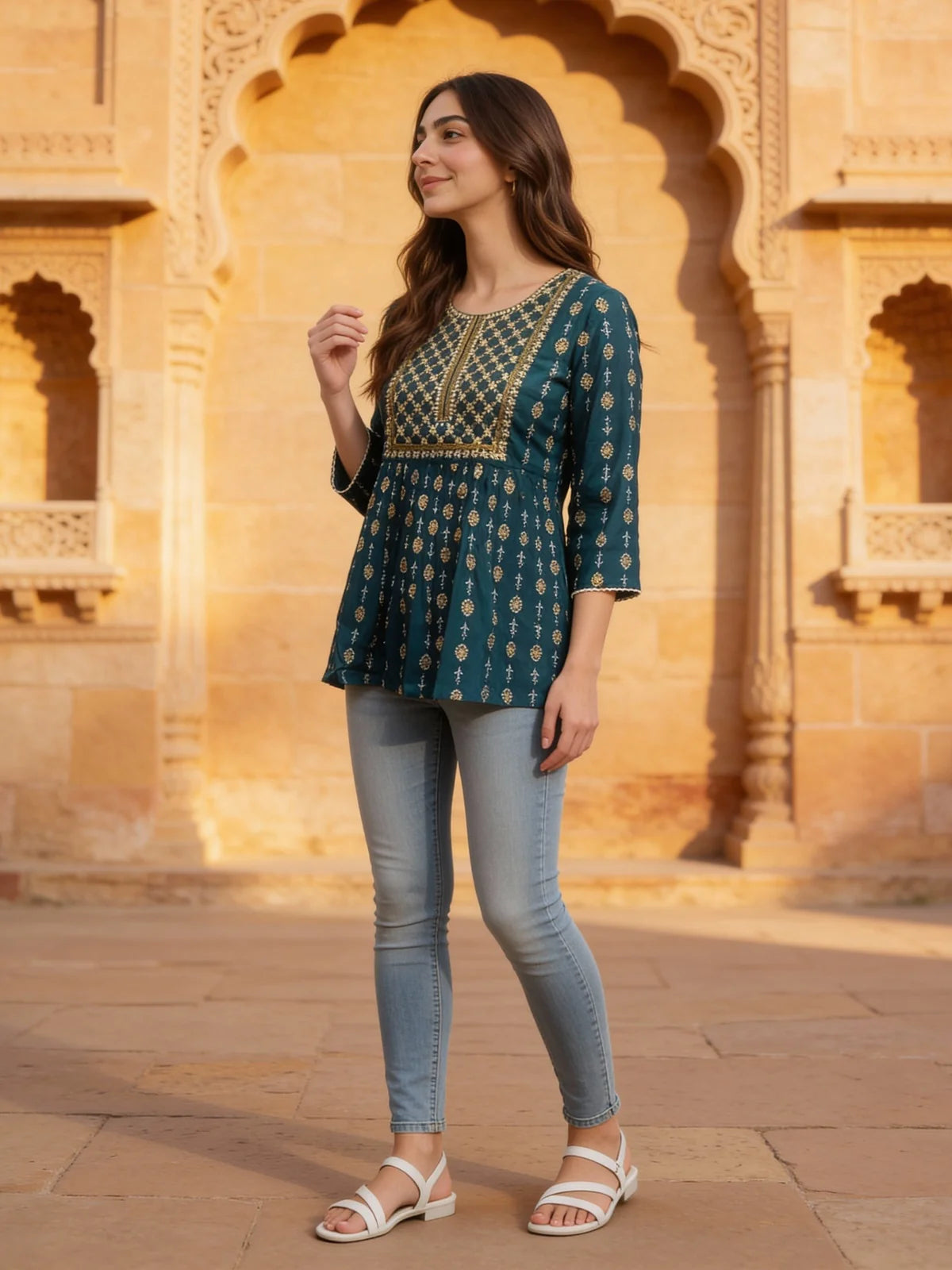Buy Rayon Embroidered A-line Above Knee Short Kurta-Teal