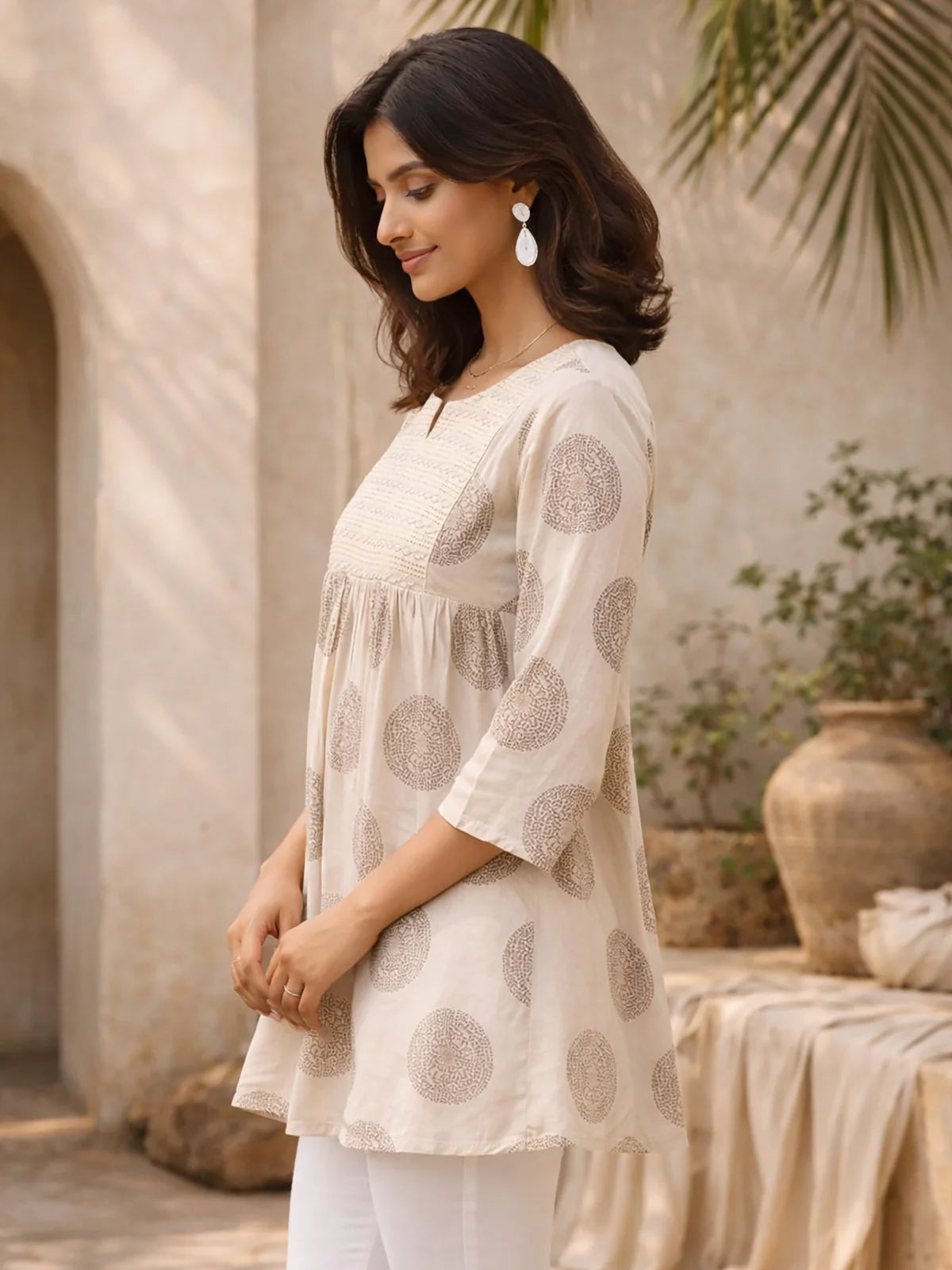 Buy Rayon Embroidered A-Line Short Length Short Kurta-Beige