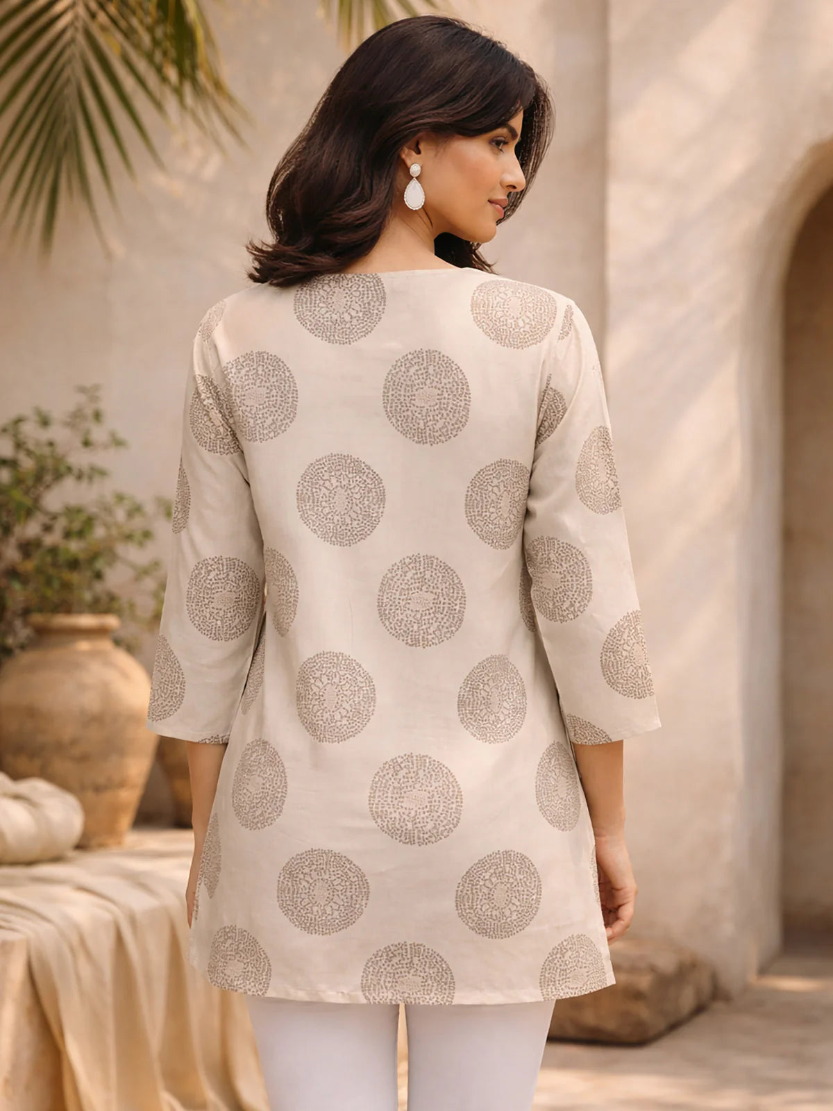 Buy Rayon Embroidered A-Line Short Length Short Kurta-Beige