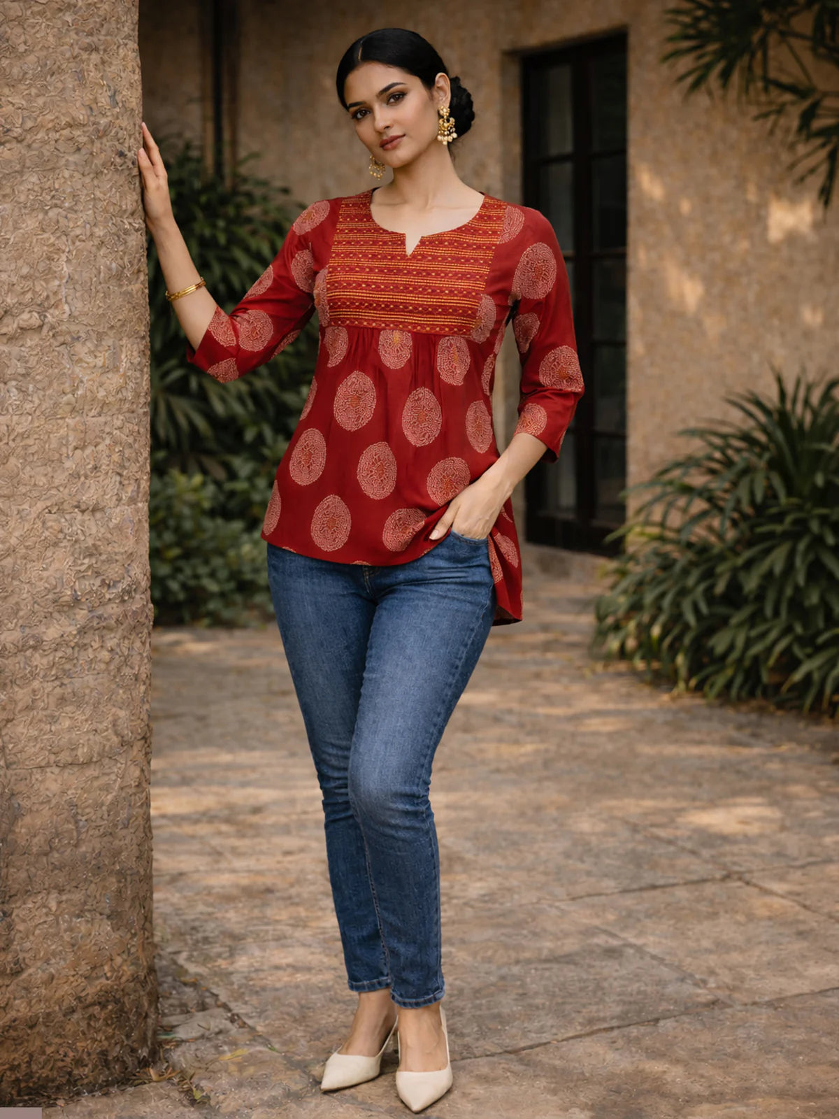 Buy Rayon Embroidered A-Line Short Length Short Kurta-Maroon