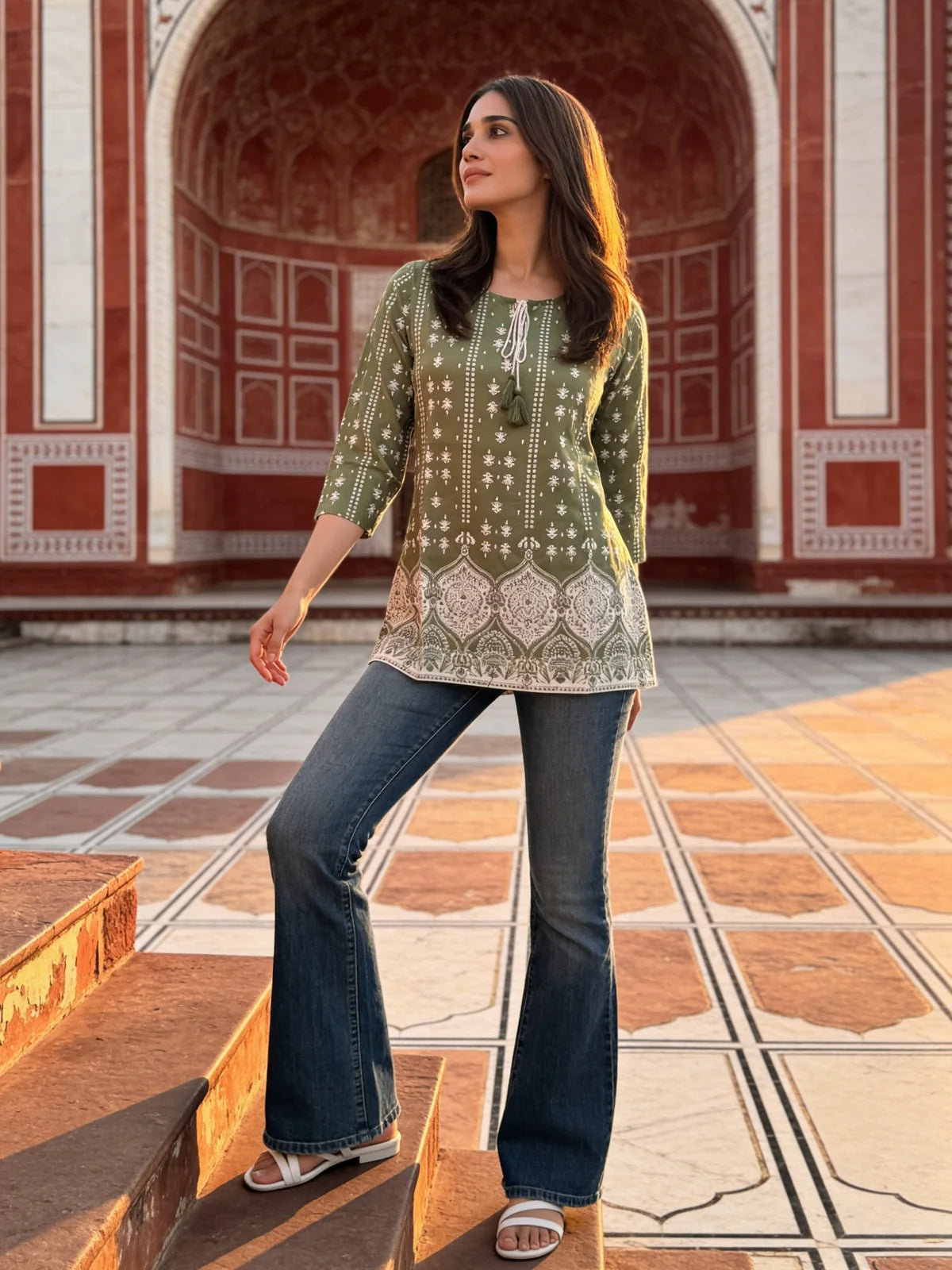 Buy Rayon Printed A-Line Short Length Short Kurta-Green