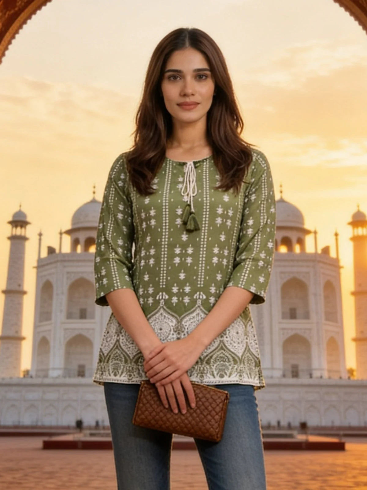 Buy Rayon Printed A-Line Short Length Short Kurta-Green