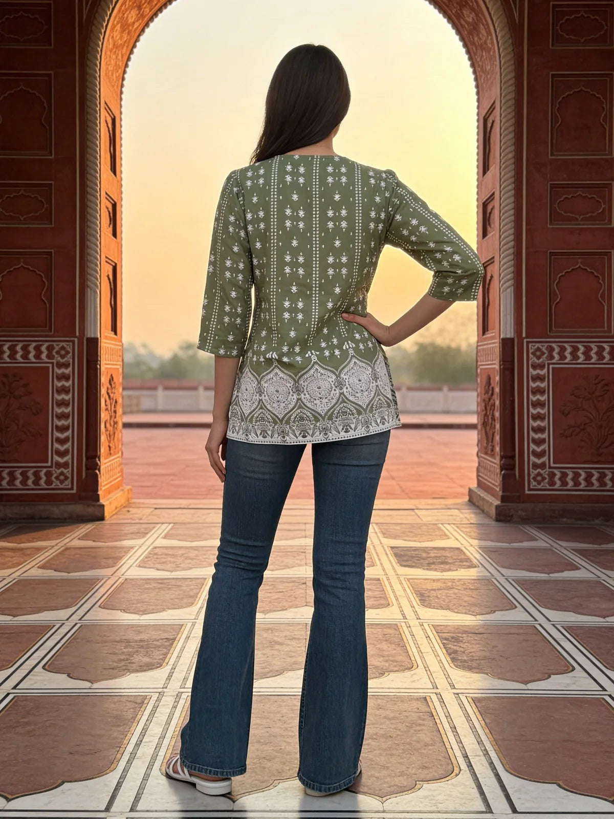 Buy Rayon Printed A-Line Short Length Short Kurta-Green