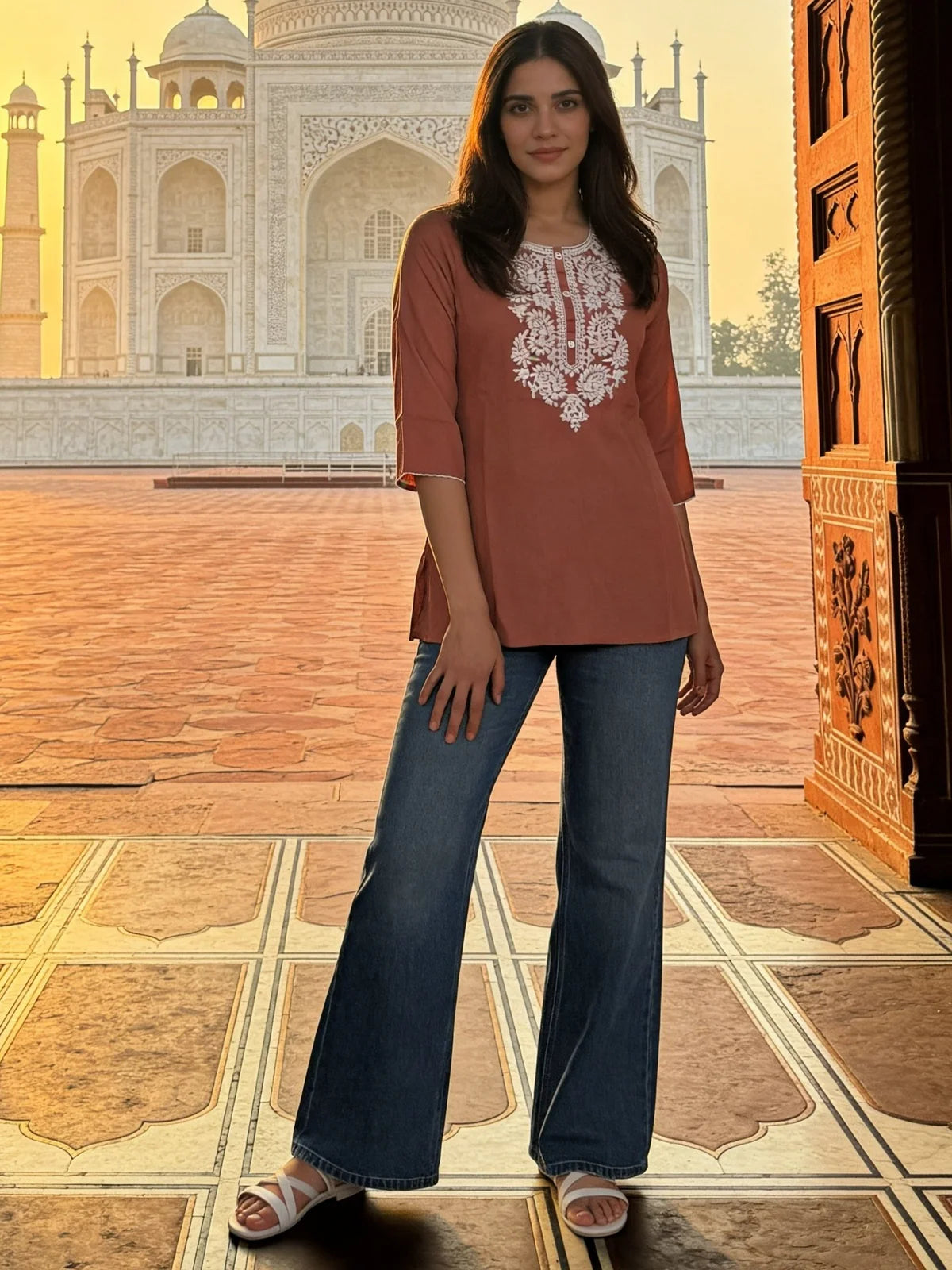 Buy Rayon Embroidered A-Line Calf Length Short Kurta-Dusty Pink