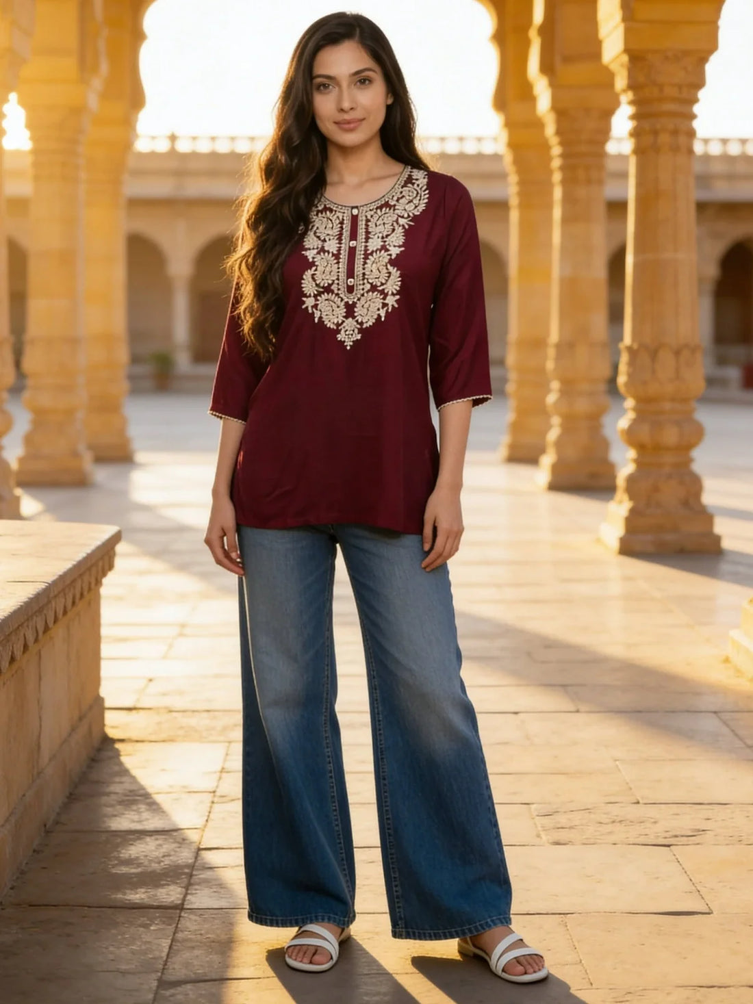 Buy Wine Rayon Embroidered A-Line Calf Length Short Kurti-Wine