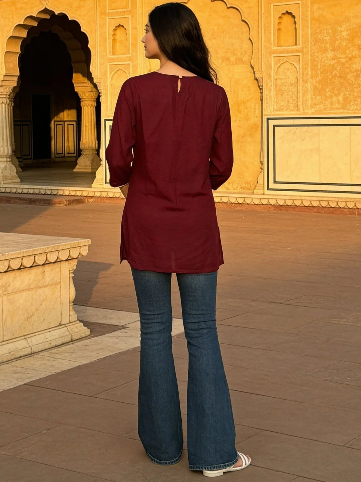 Buy Rayon Embroidered A-Line Calf Length Short Kurta-Wine
