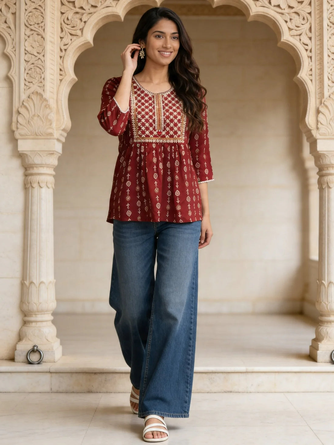 Buy Rayon Embroidered A-Line Short Length Short Kurta-Maroon