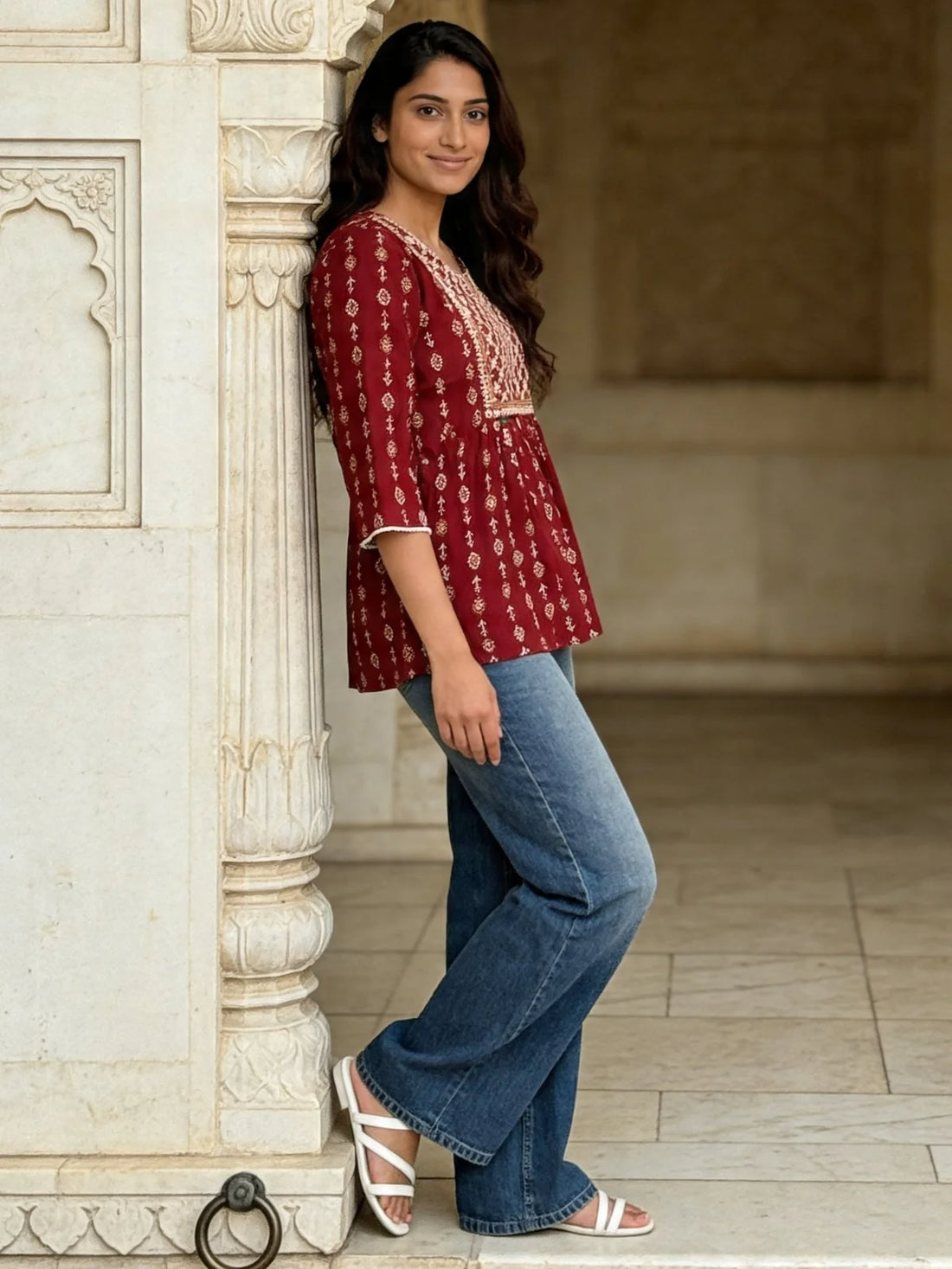 Buy Rayon Embroidered A-Line Short Length Short Kurta-Maroon