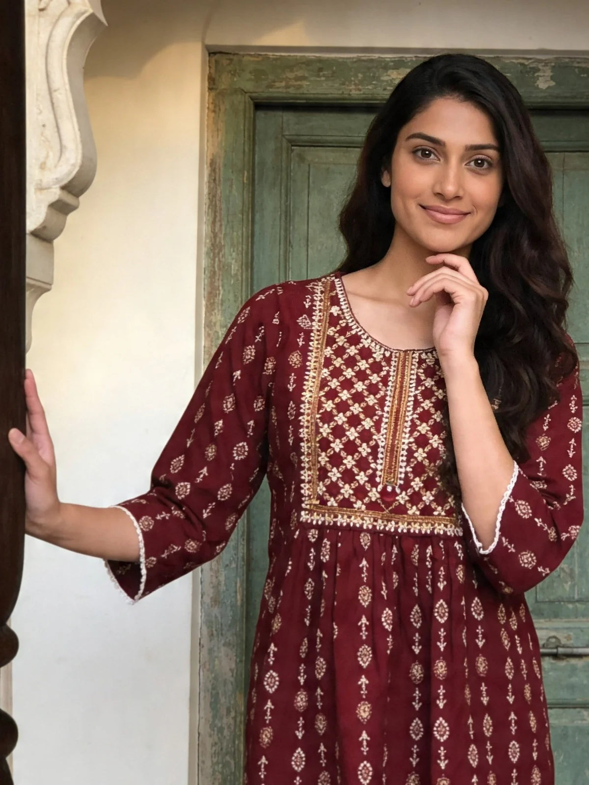 Buy Rayon Embroidered A-Line Short Length Short Kurta-Maroon