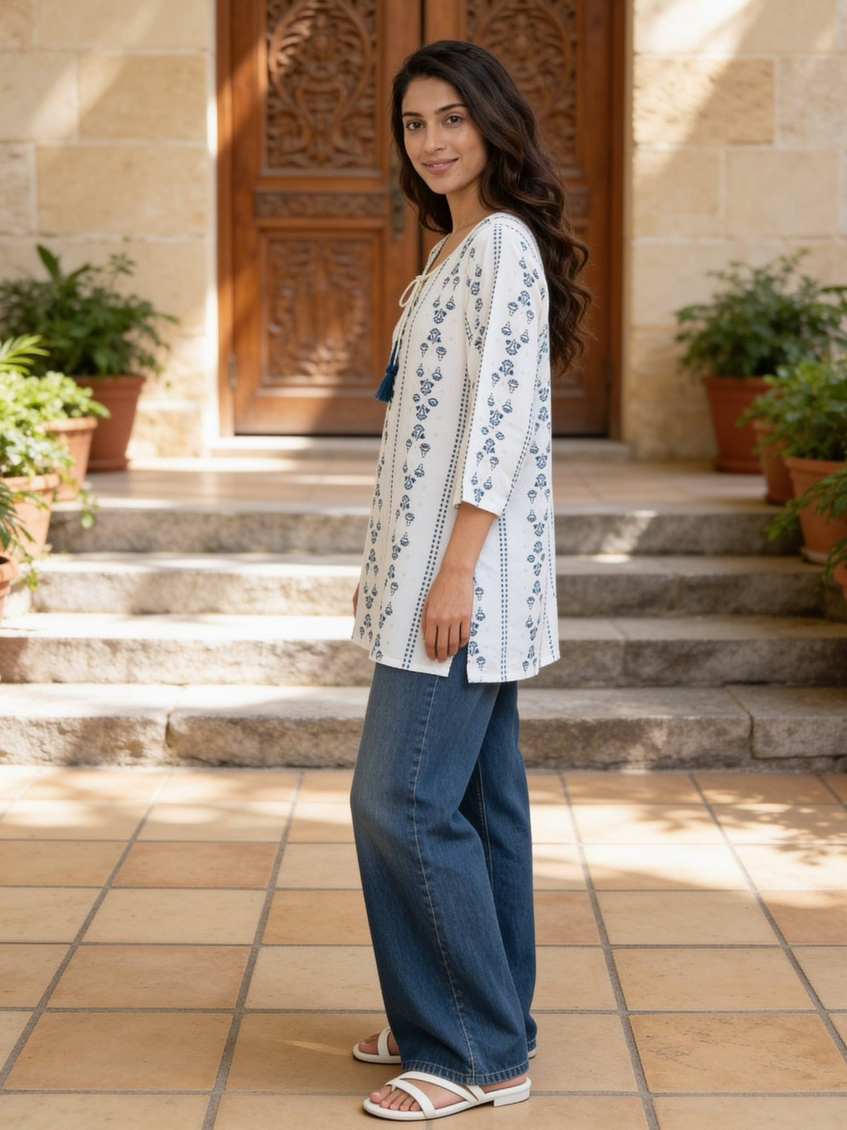 Buy Rayon Printed Straight Short Length Short Kurta-Off White