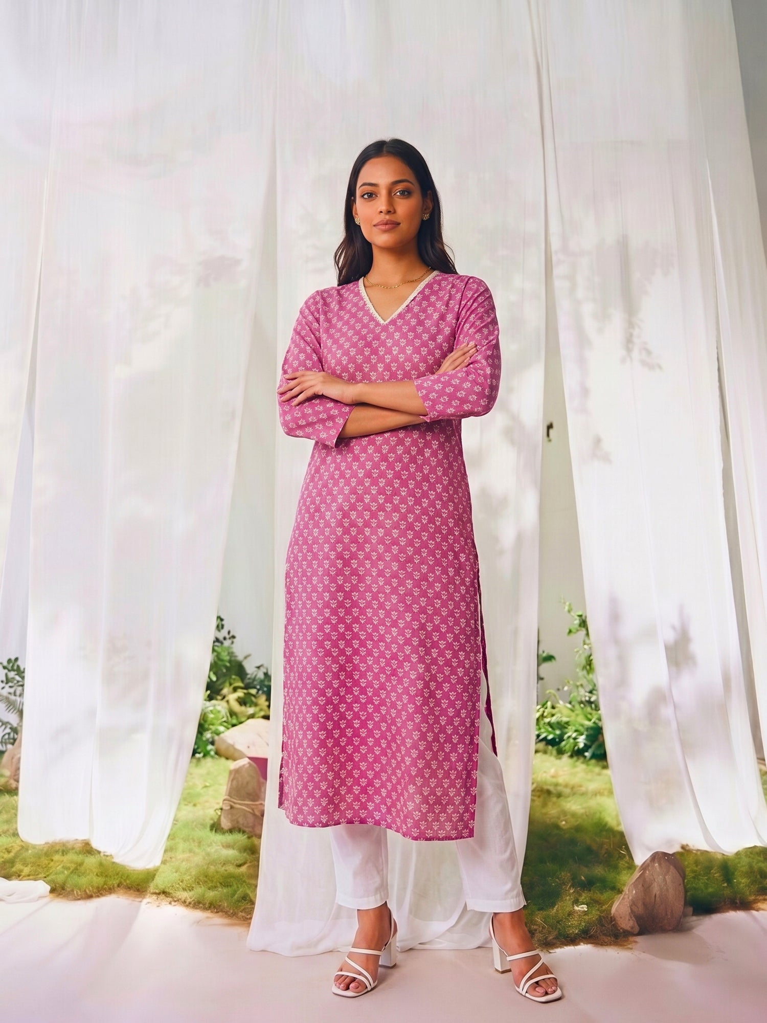 Buy Cotton Printed Straight Calf Length Kurta-Pink