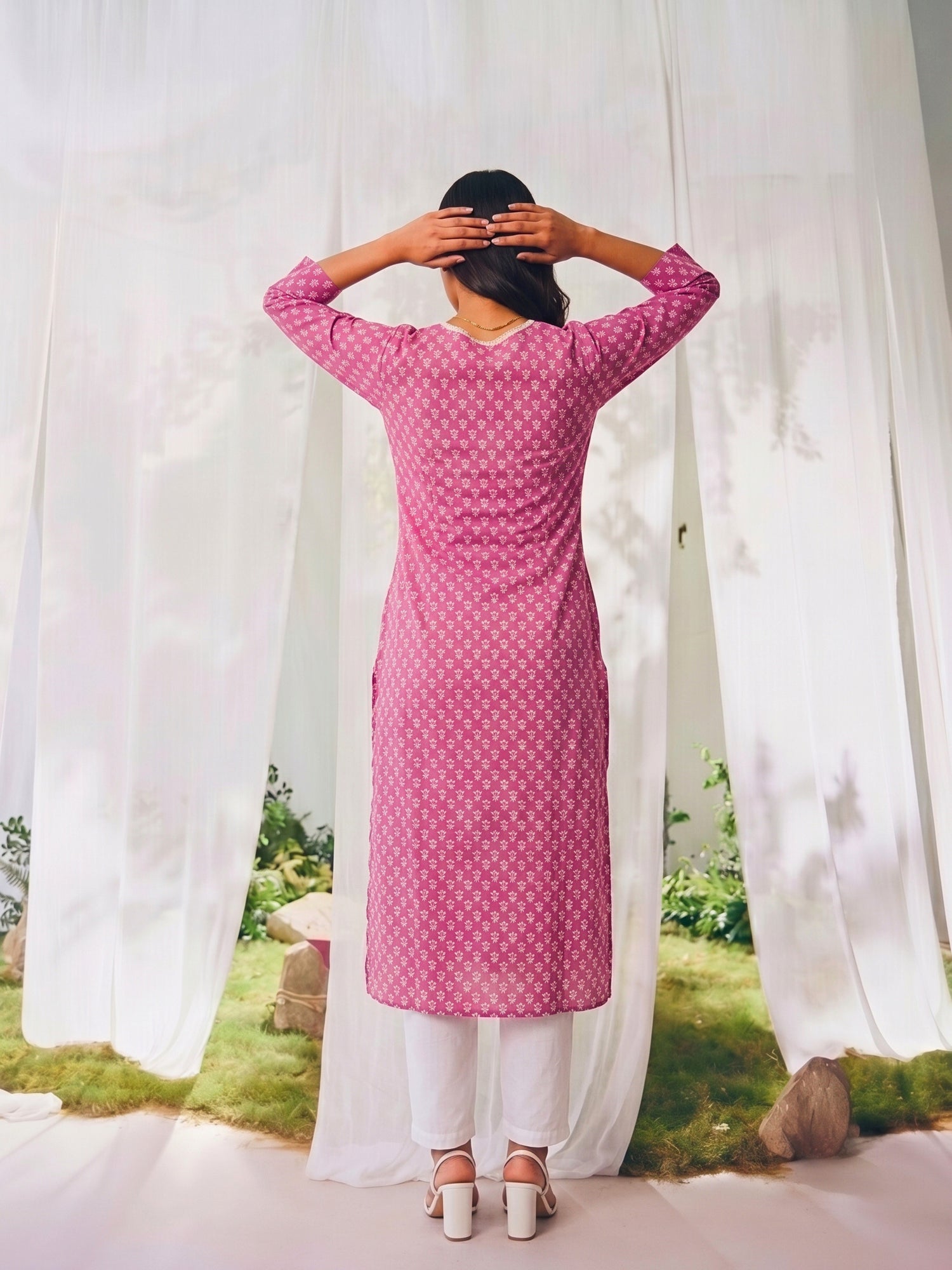 Buy Cotton Printed Straight Calf Length Kurta-Pink
