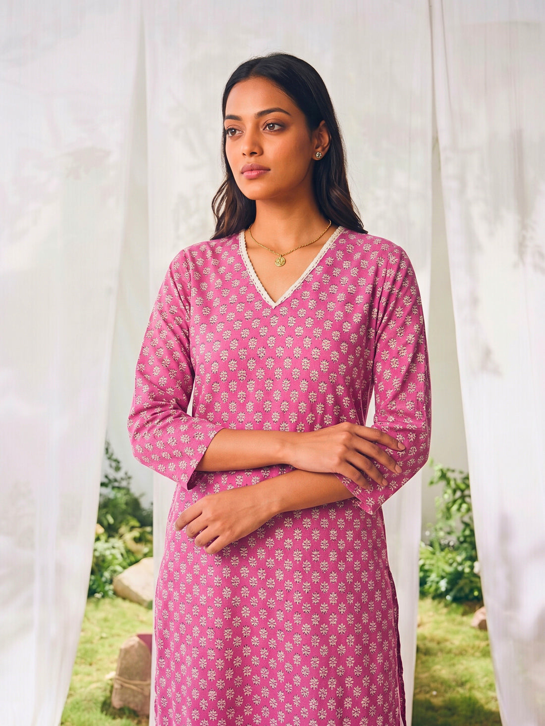 Buy Cotton Printed Straight Calf Length Kurta-Pink
