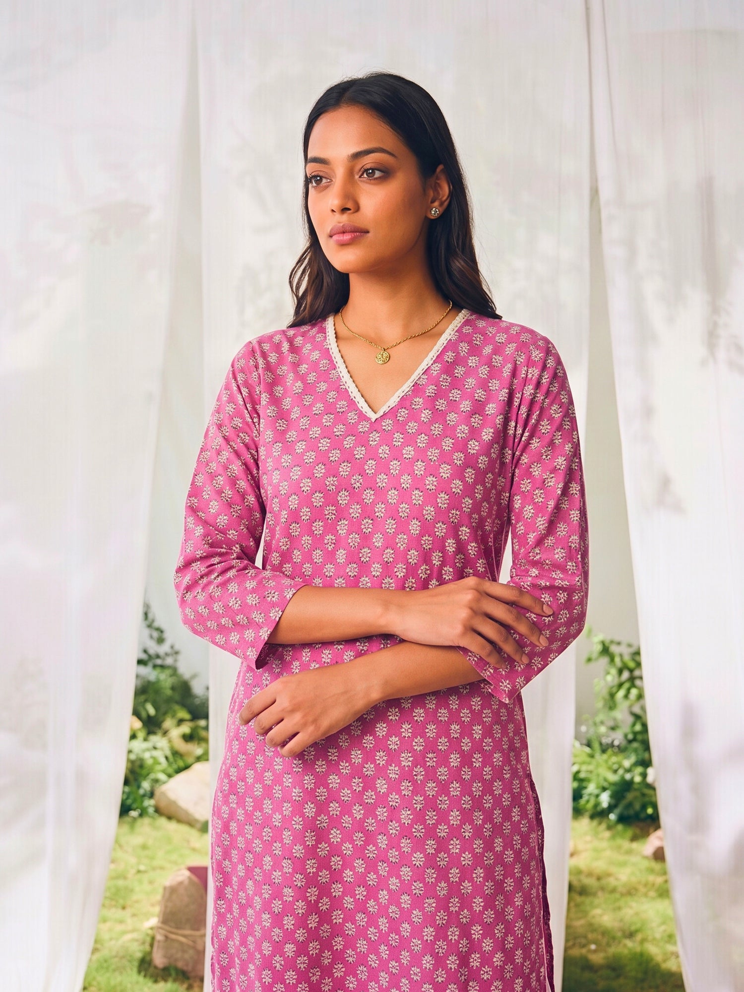 Buy Cotton Printed Straight Calf Length Kurta-Pink