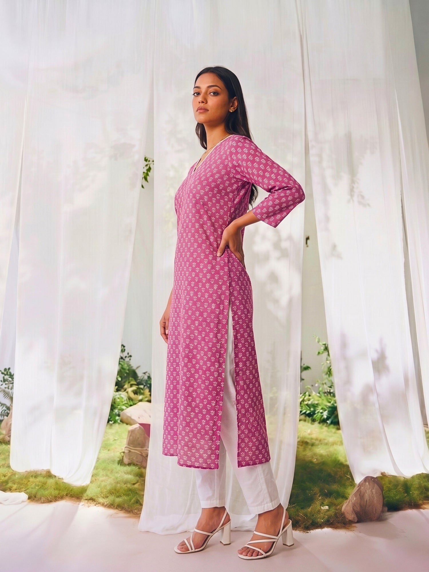 Buy Cotton Printed Straight Calf Length Kurta-Pink