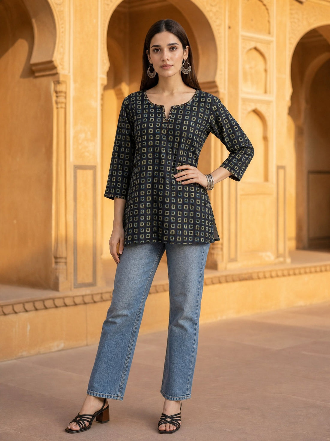 Buy Cotton Printed Straight Short Length Short Kurta-Navy Blue
