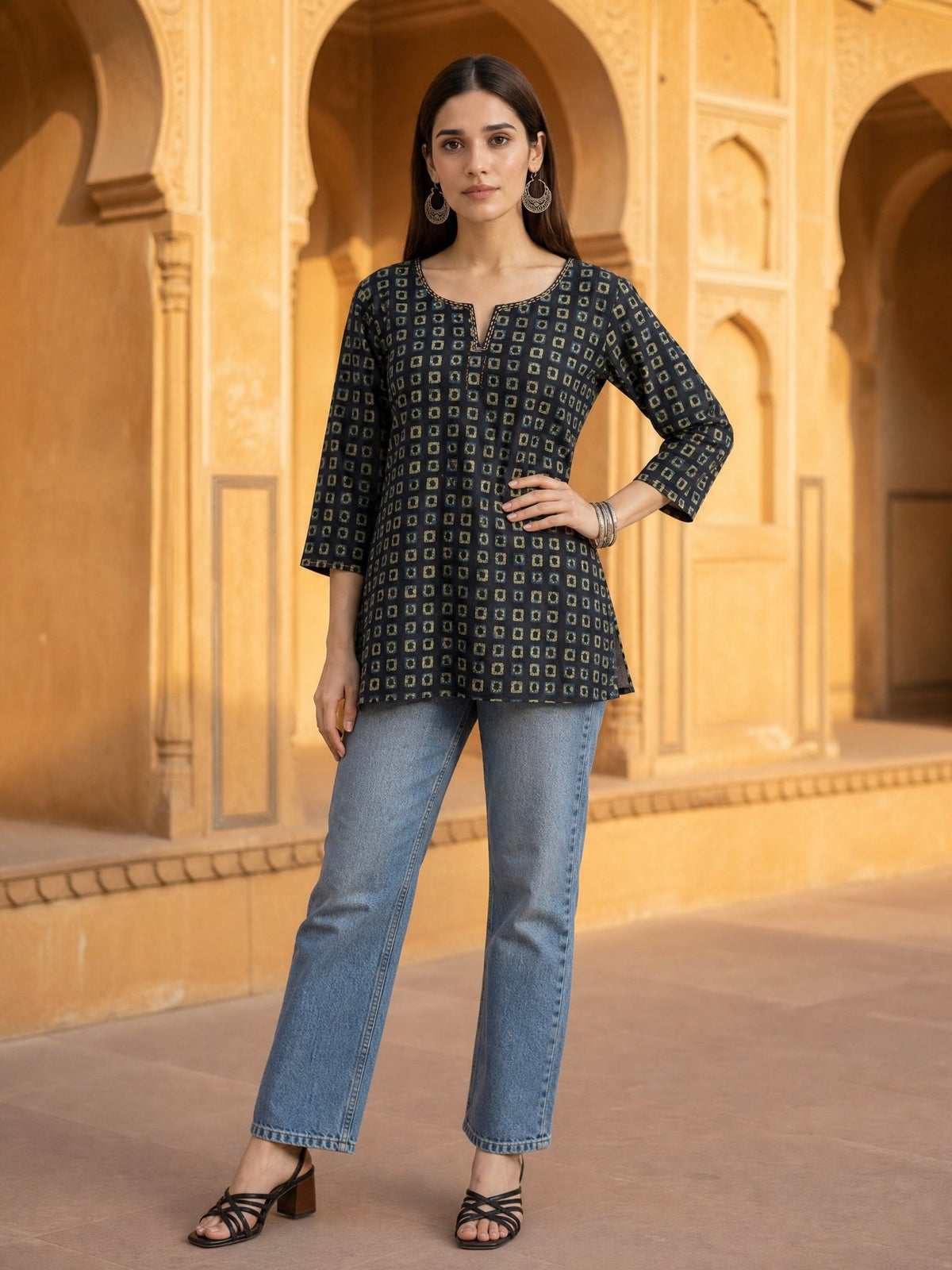 Buy Cotton Printed Straight Short Length Short Kurta-Navy Blue