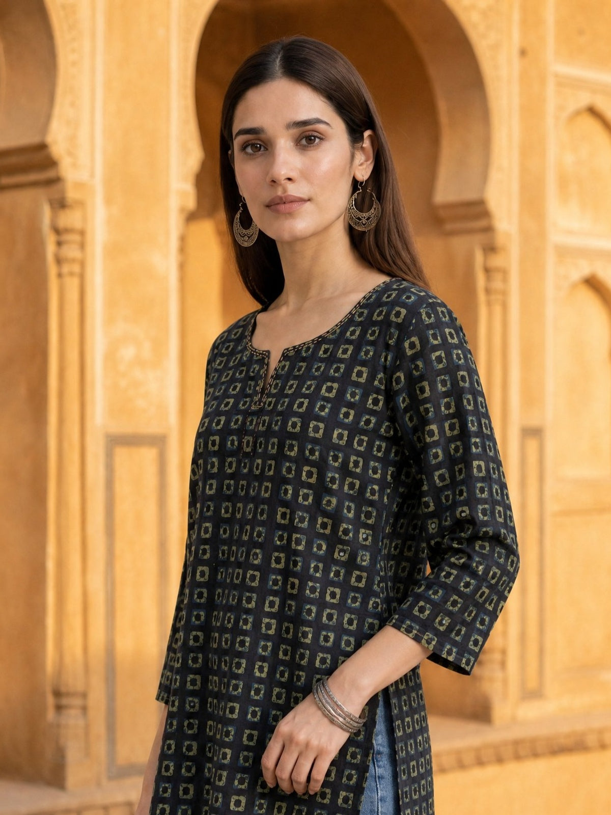 Buy Cotton Printed Straight Short Length Short Kurta-Navy Blue