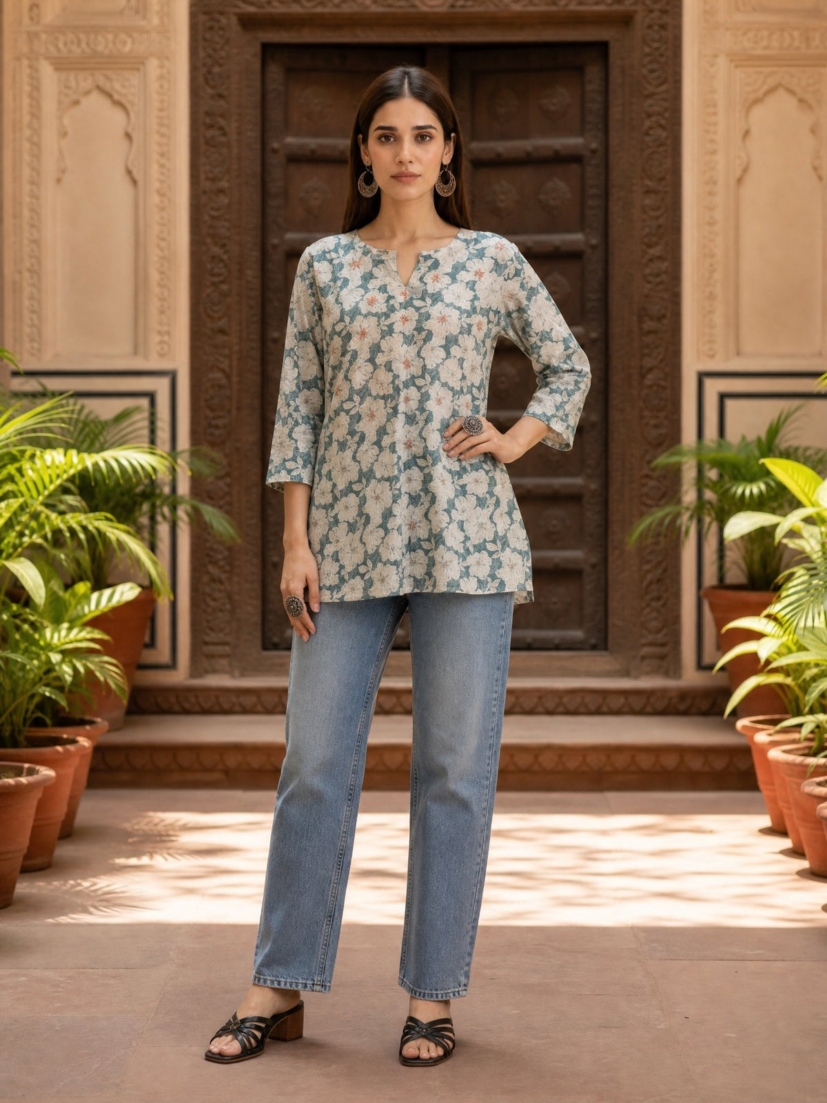 Cotton Printed Straight Short Length Short Kurta