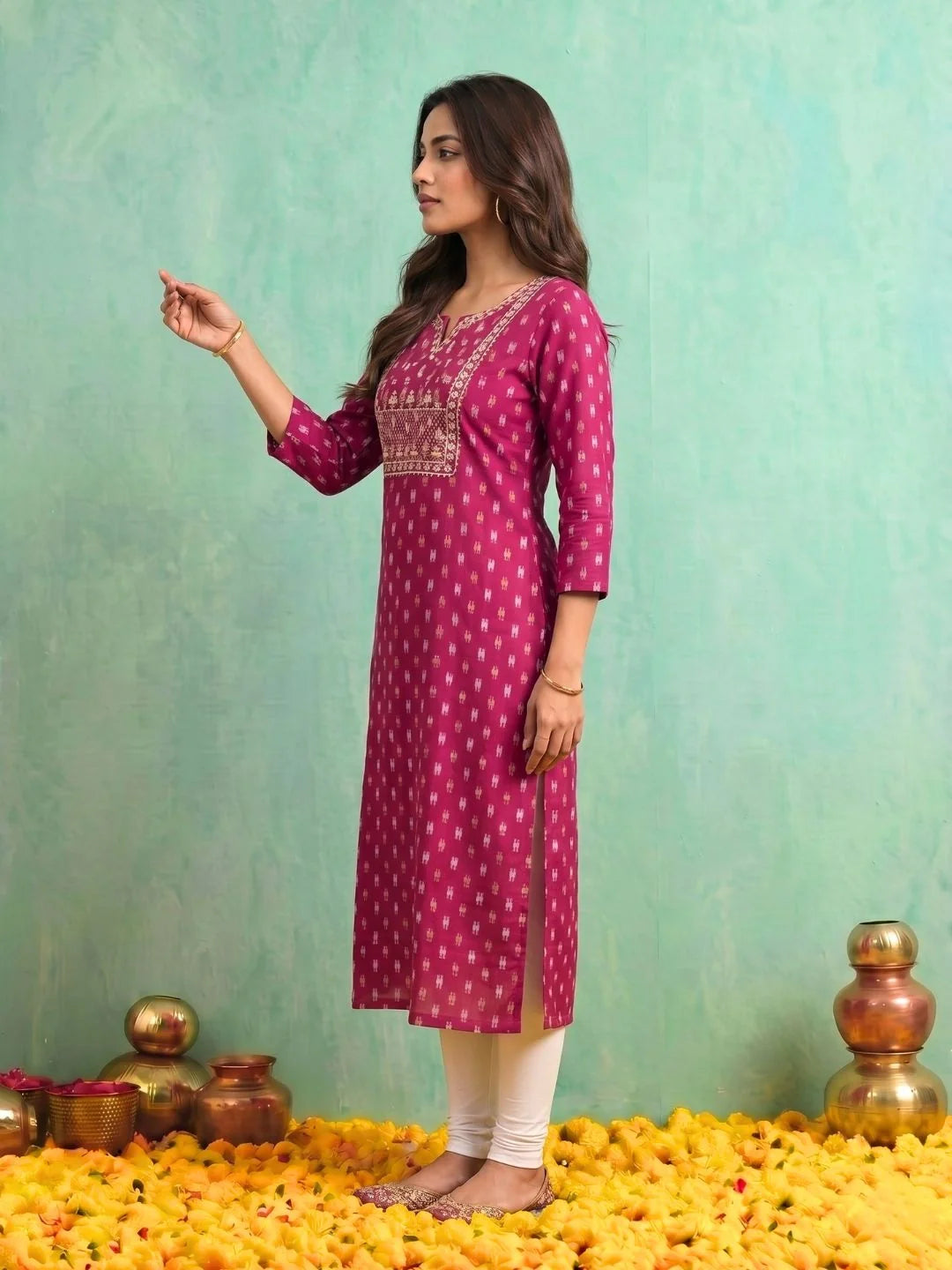Buy Fuschia Rayon Embroidered Straight Calf Length Kurta-Fuschia