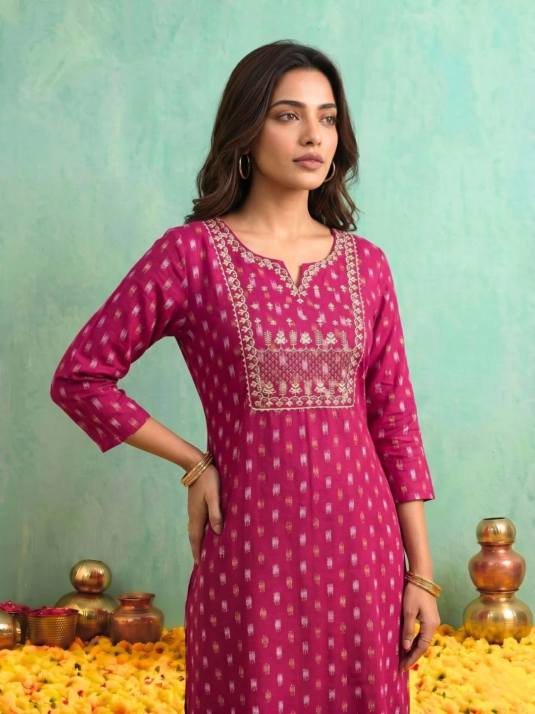 Buy Fuschia Rayon Embroidered Straight Calf Length Kurta-Fuschia