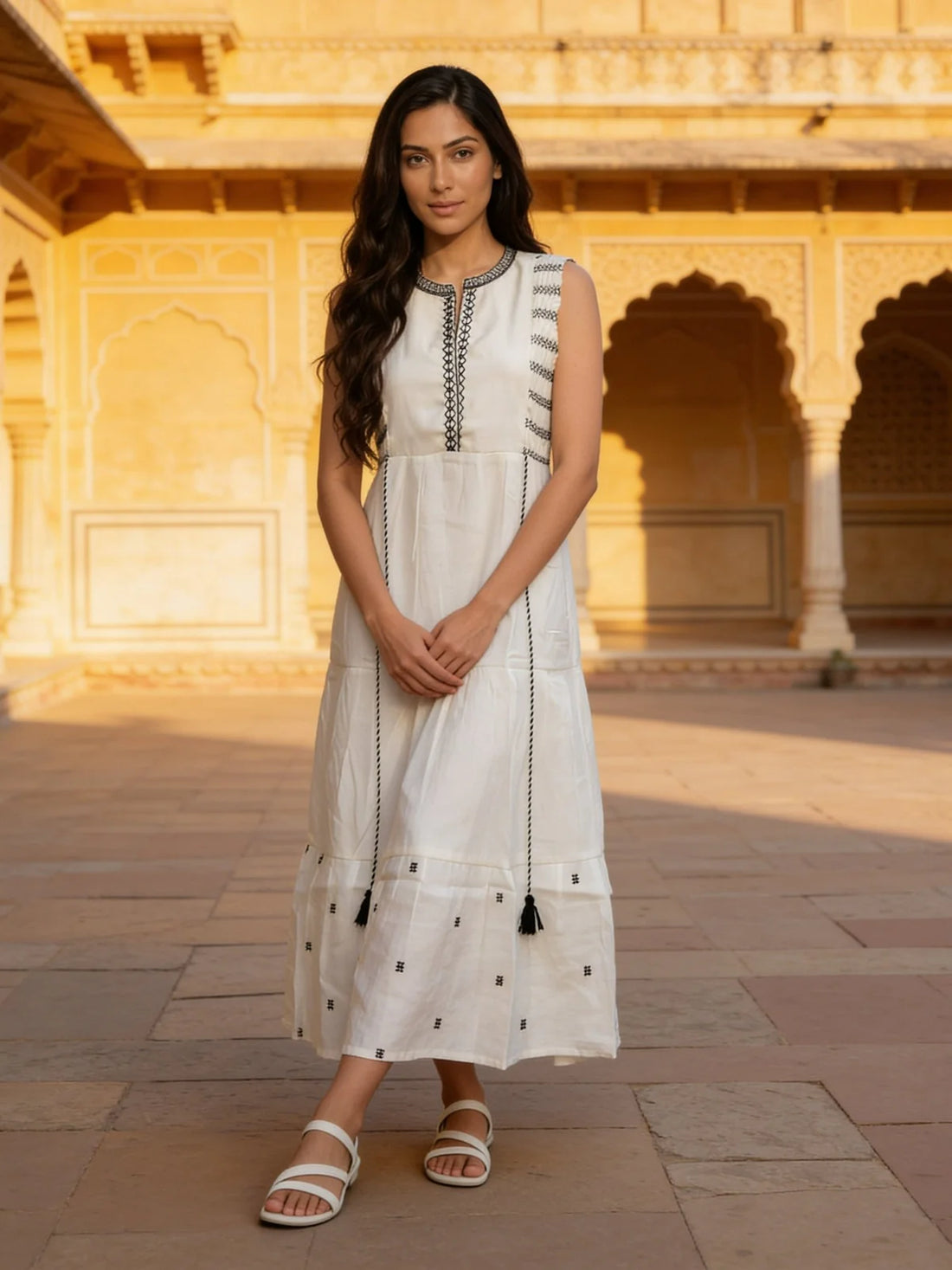 Buy Poly Viscose Embroidered Tiered Calf Length Dress-White